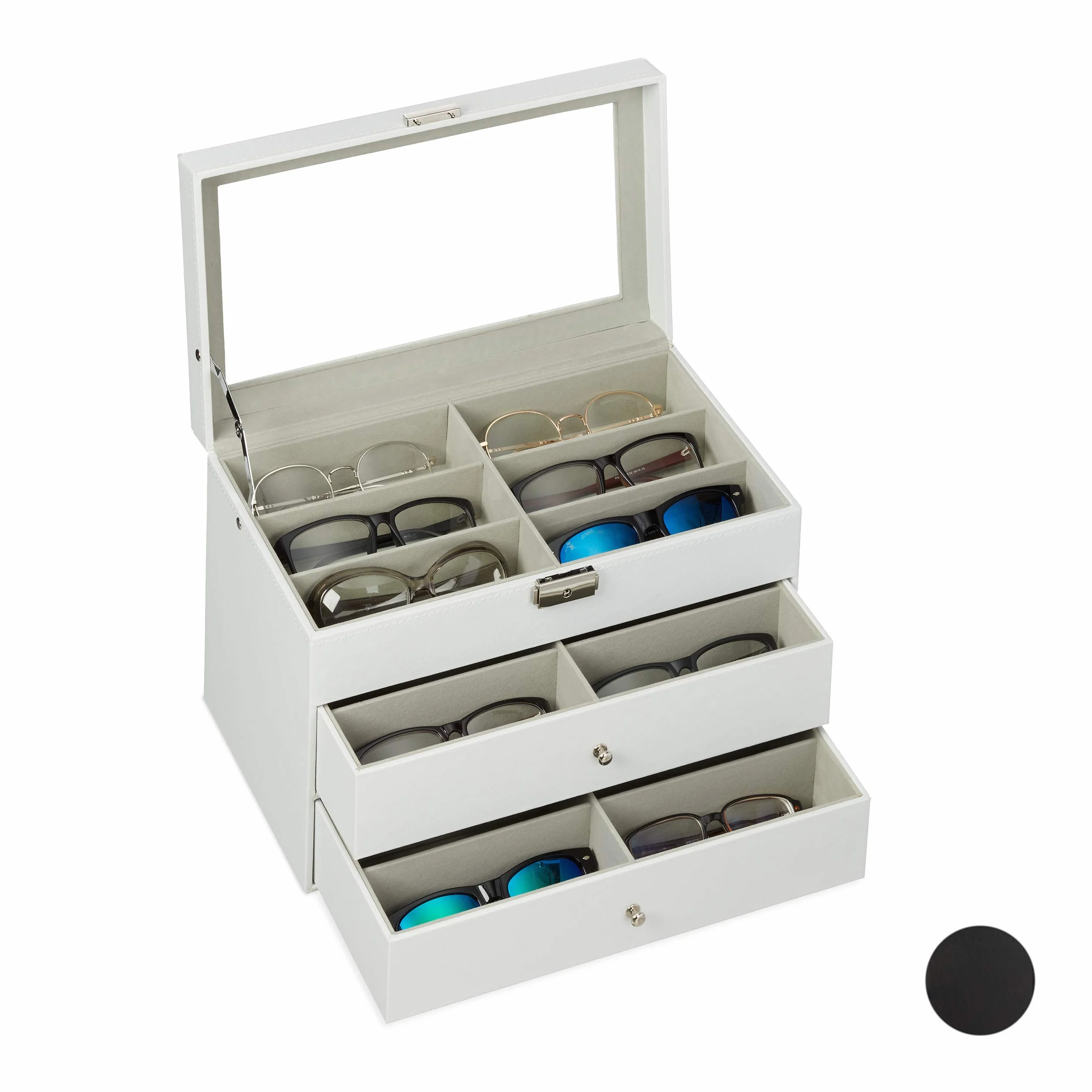 Relaxdays Box for 18 Glasses, Sunglasses Storage Case, Faux Leather Crate