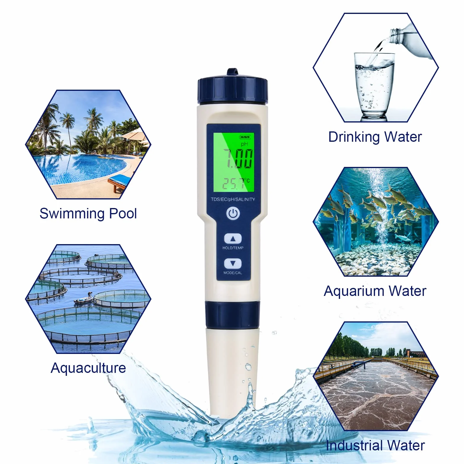 Flintronic Misuratore PH, 5 in 1 TDS/EC/Salinità/Temp/PH Tester Piscina, Misuratore Digitale PH, Automatica Compensazione della Temperatura, Accurata Display LCD, per Piscina, Spa
