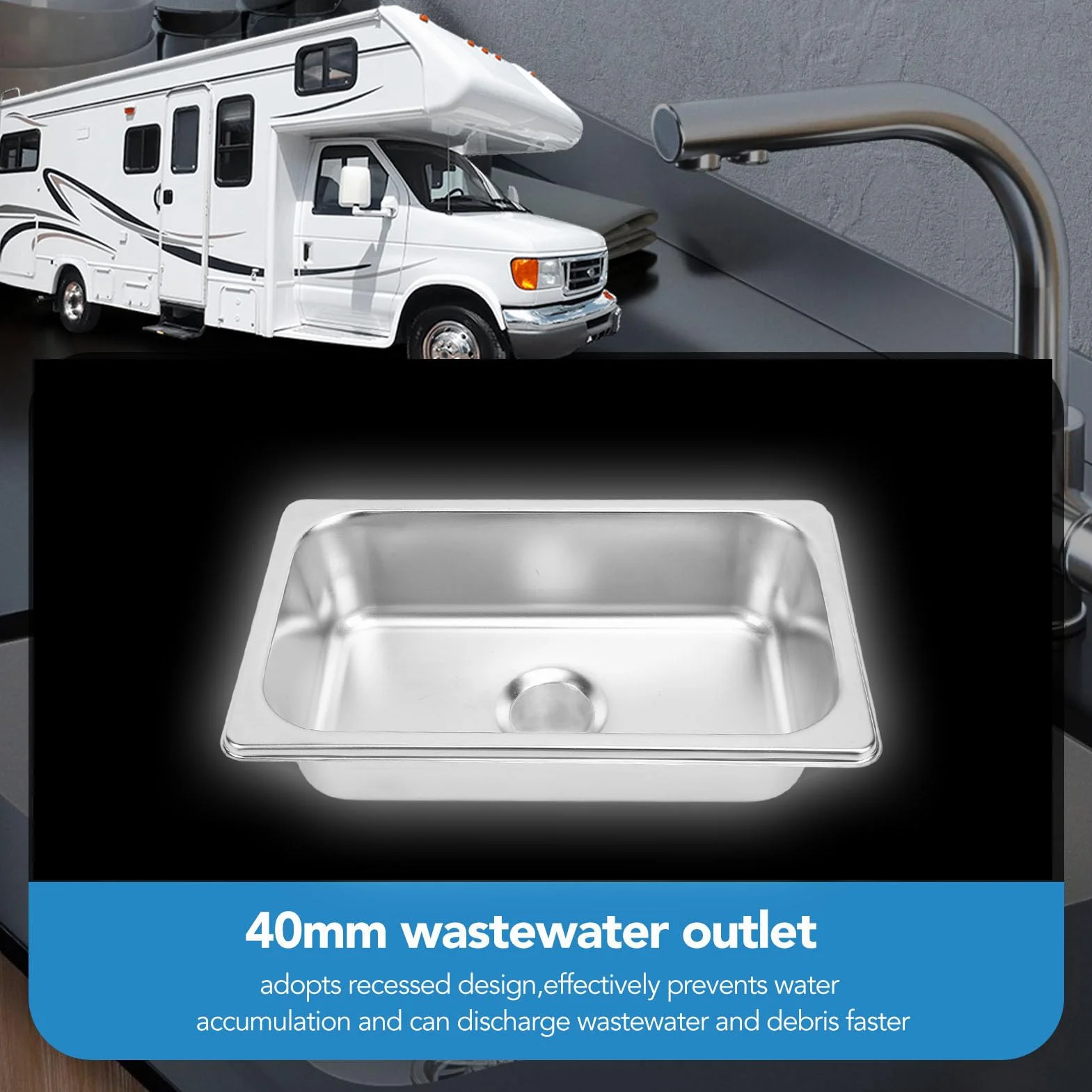 Lavandino per, 265x162x65 Mm Lavello in Acciaio Inossidabile RV 304 di Lunga Durata Facile Pulire con Scarico Fognario 40 Mm per Barche, Caravan, Yacht, Barche