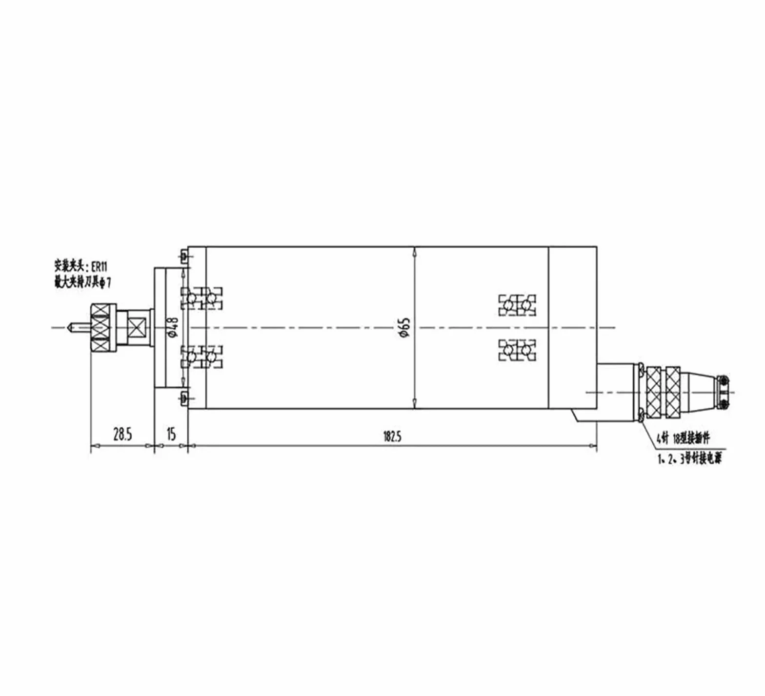 Motore mandrino raffreddato ad aria GDZ-65F-800 0,8 kW ER11 24000 Giri/min 65 mm 4 cuscinetti AC220V