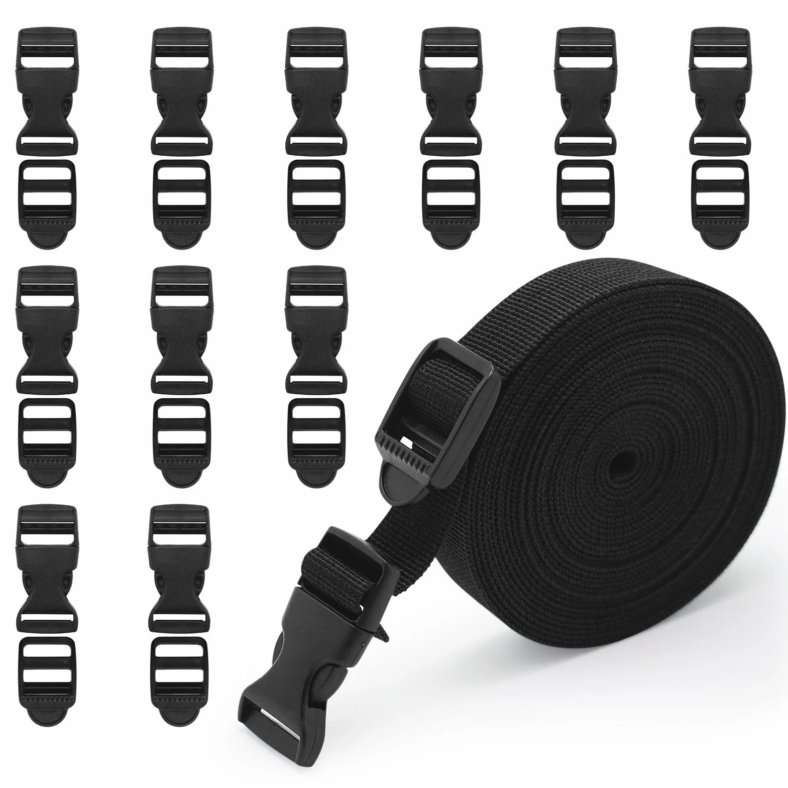 Cinghia in nylon da 20 mm x 5 m, con 5 paia di fibbie, 2 cm, resistente, clip per fai da te, zaino fai da te, reggiatura, borsa per bagagli, cinghia di fissaggio