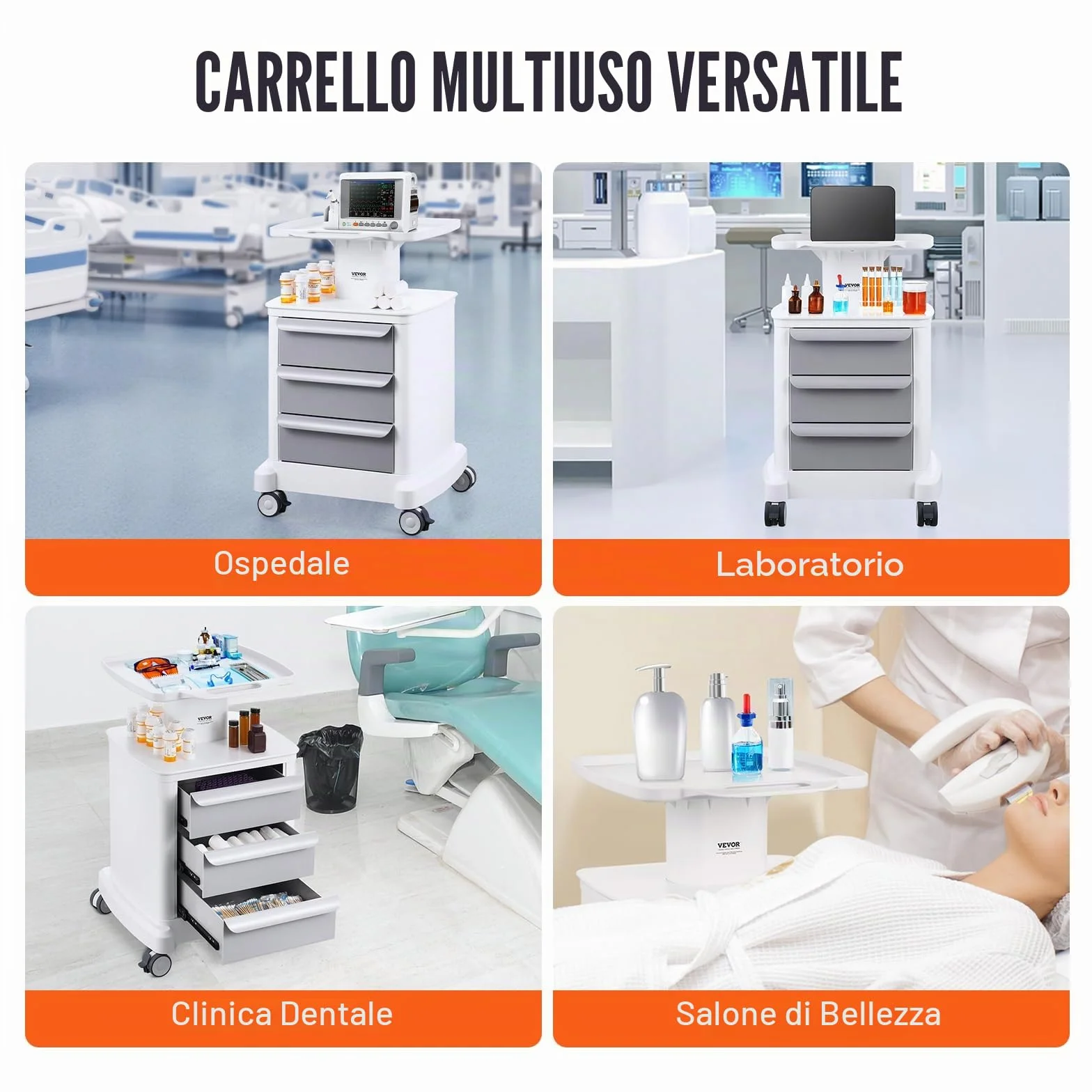 VEVOR Carrello da Laboratorio 4 Ripiani con 3 Cassetti 1 Vassoio Superiore 4 Ruote, Bianco