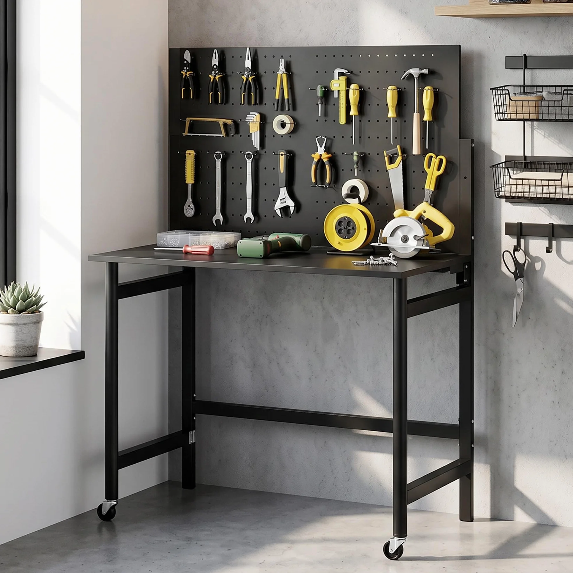 HOMCOM Banco da Lavoro Pieghevole 9cm, Tavolo da Lavoro con Pannello Forato e 30 Ganci, Ruote, 115x62x143.5cm, Piano Spesso in Legno, Struttura in Acciaio, Garage, Officina e Casa, Portata 120kg, Nero