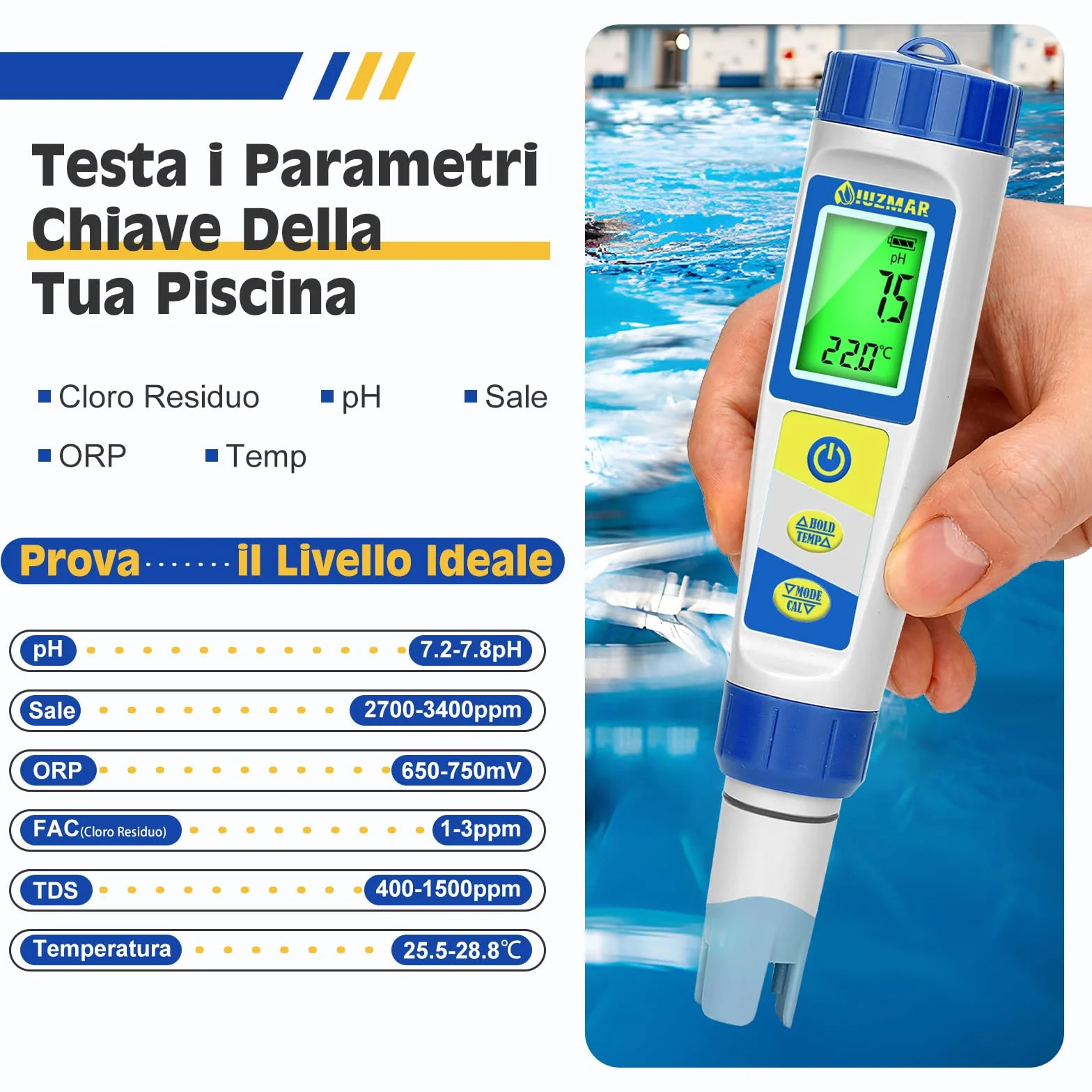 UIUZMAR Misuratore Cloro e Sale per Piscina, Tester Piscina pH e Cloro Digitale, Misuratore Multifunzionale di pH, EC, ORP e TDS Salinità Cloro Residuo per Piscine di Acqua Salata, Acquari, Idroponica