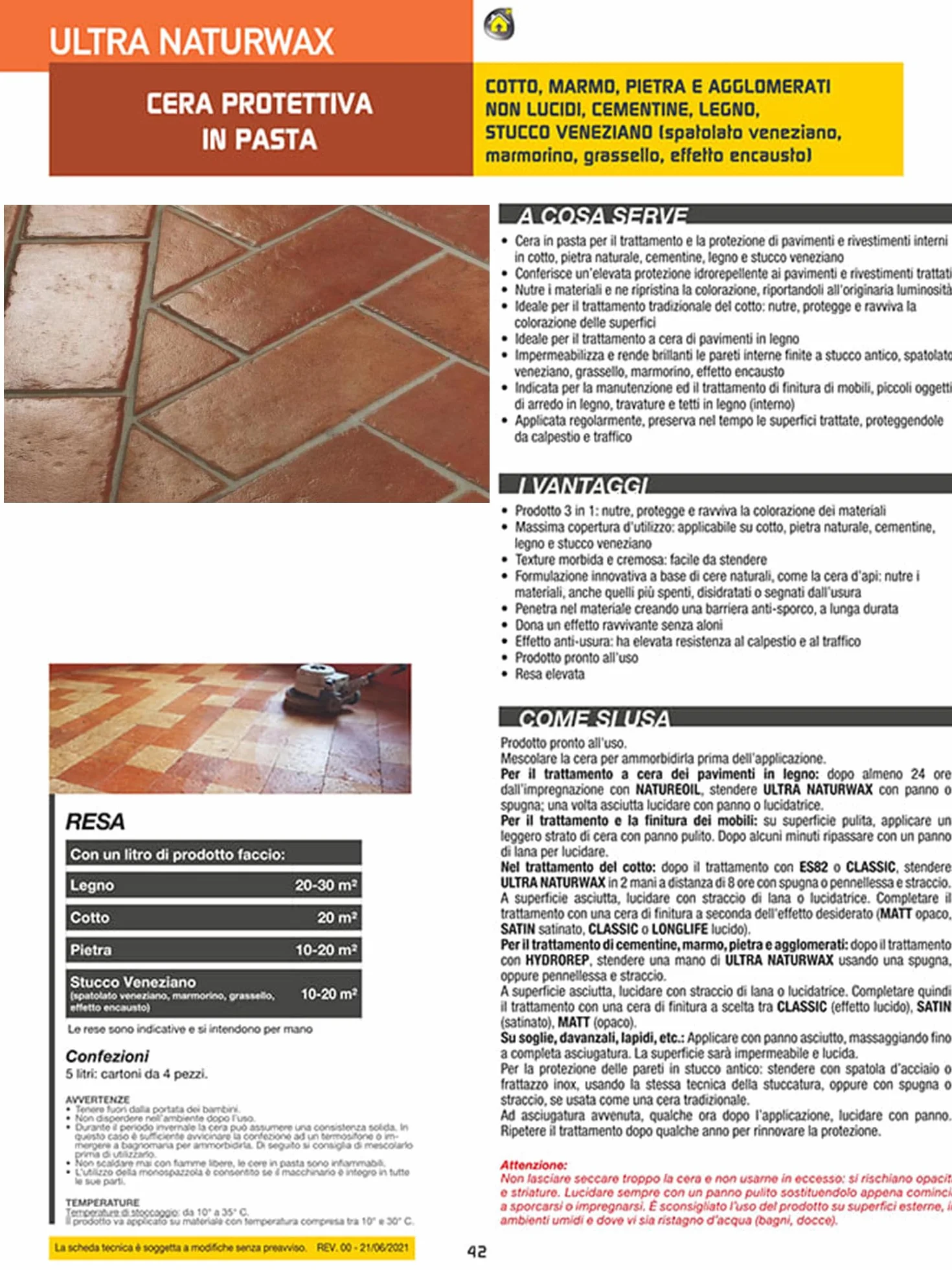 Cera per Cotto Interno Protettiva In Pasta Ultra Naturwax 5 Litri