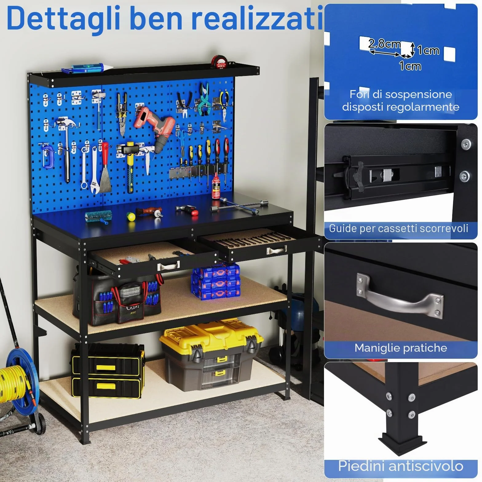 SOARS Banco da Lavoro, Organizer per Attrezzi in Metallo con 3 Pannelli Perforati con Kit di 24 Ganci, 2 Cassetti e 2 Ripiani, Banchi da Lavoro per Officina, Garage (Blu, 121 X 61 X 156 CM)