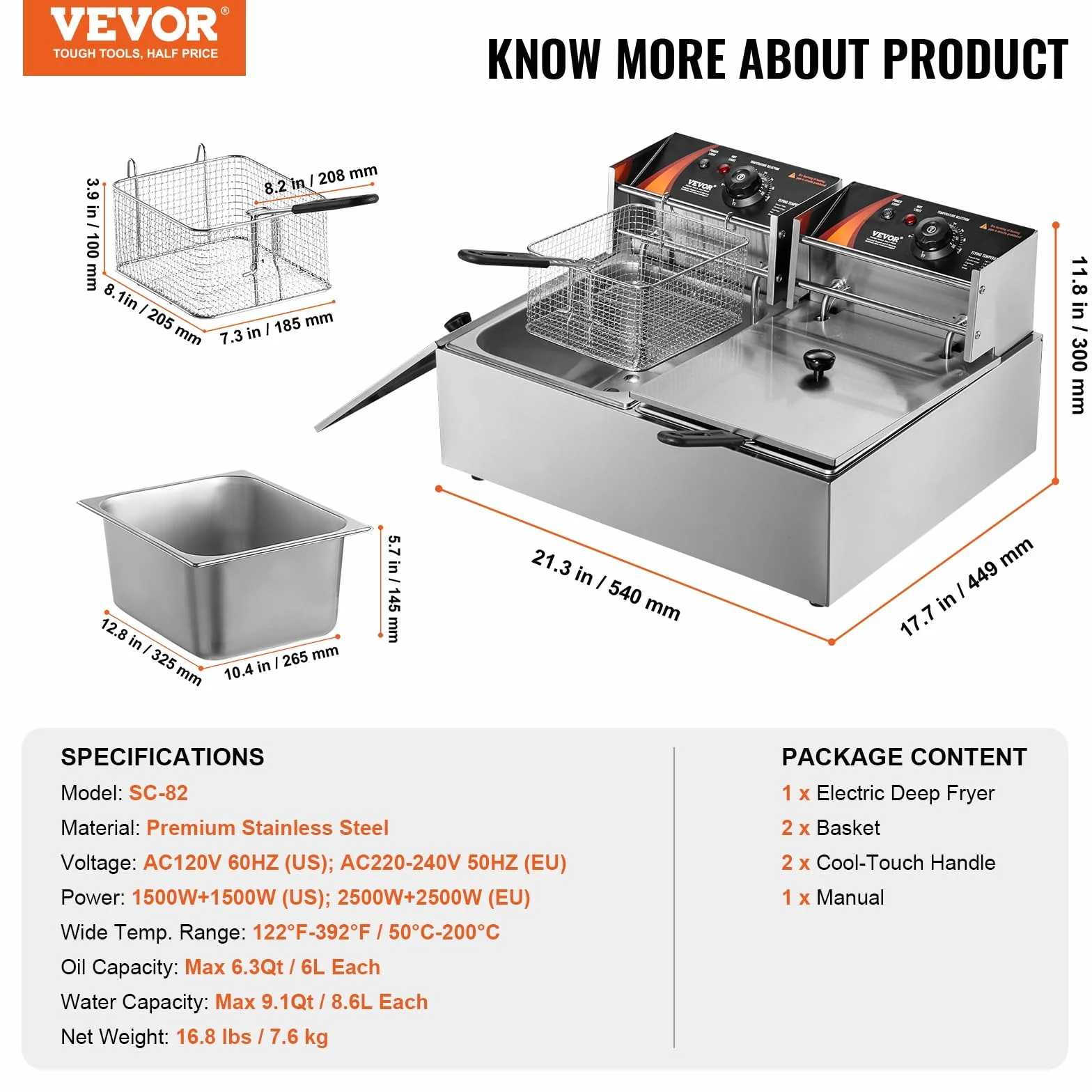 VEVOR Friggitrice Elettrica Commerciale Doppia Vasca 12L 5000W Acciaio Inox