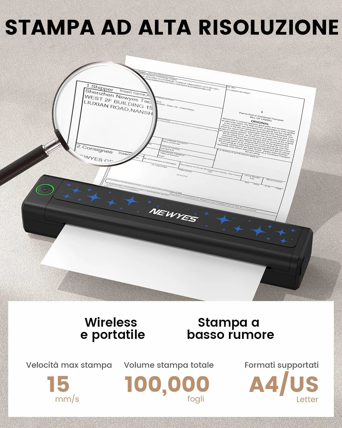 NEWYES Stampante termica portatile Stampante senza inchiostro Connettività wireless Viaggi d'affari Uso domestico di istruzione