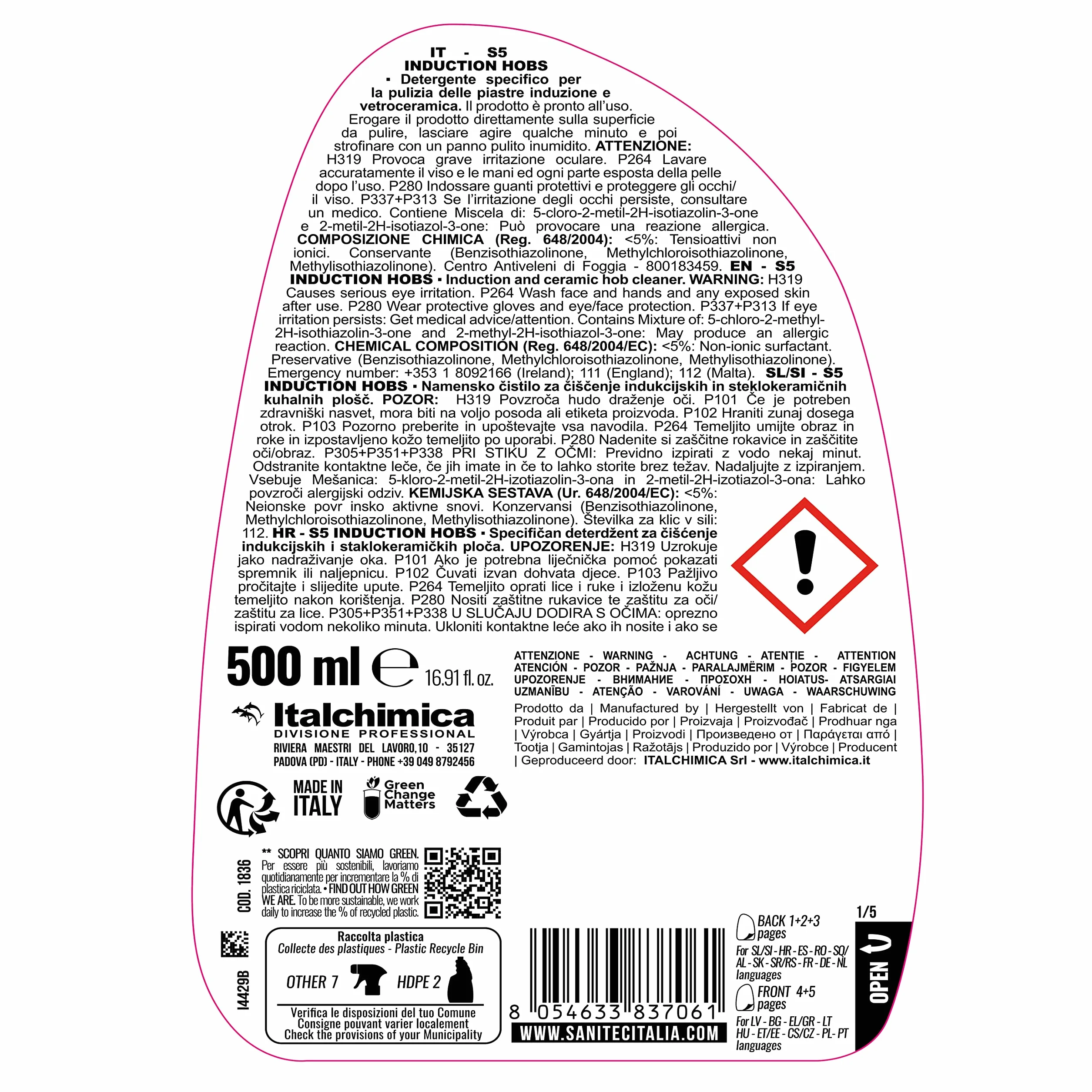 Sanitec, S5 Induction Hobs, Detergente ad Effetto Distaccante per la Pulizia dei Piani di Cottura, in Vetroceramica e Induzione, Rimuove Facilmente Sporchi Grassi, Made in Italy, Flacone 500 ml
