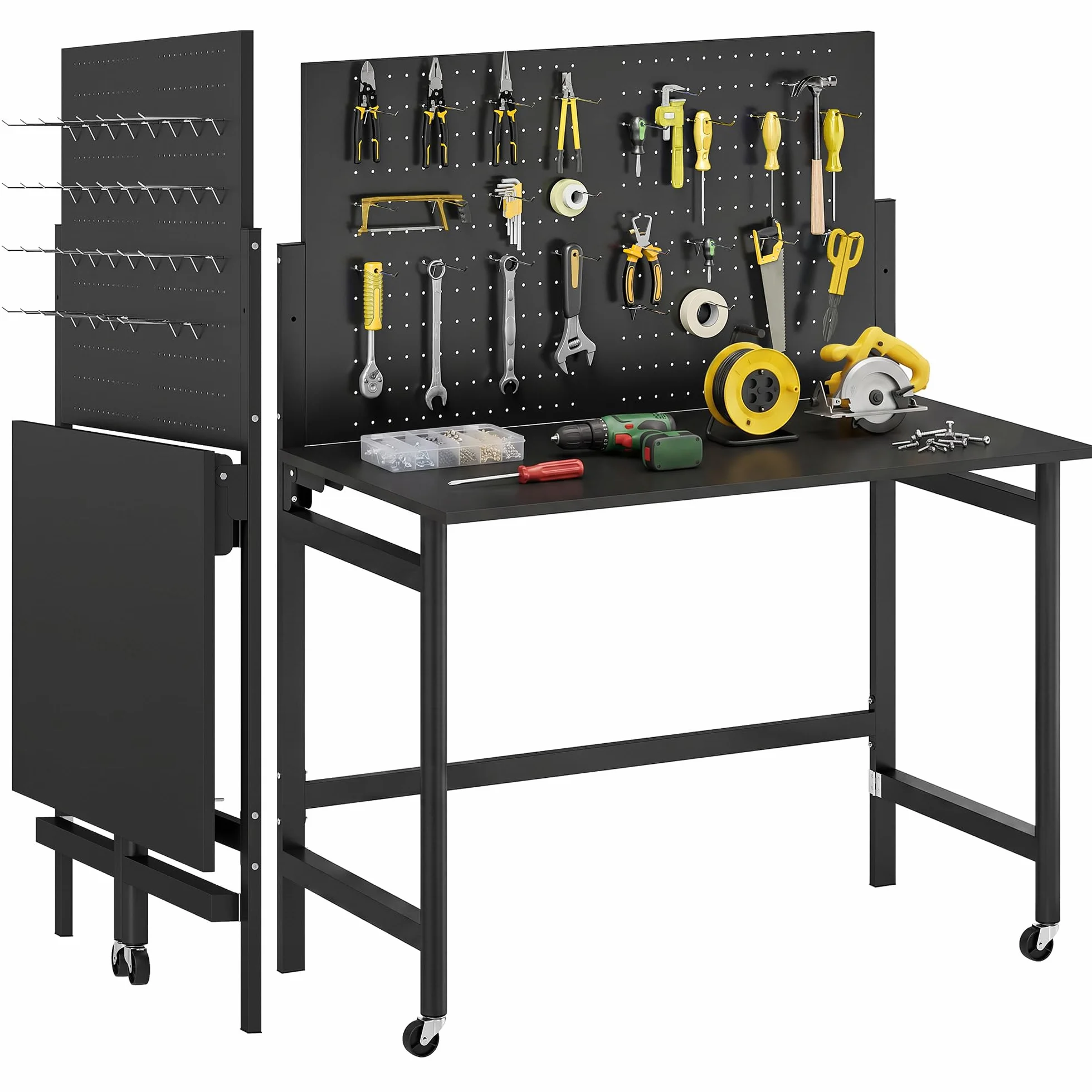 HOMCOM Banco da Lavoro Pieghevole 9cm, Tavolo da Lavoro con Pannello Forato e 30 Ganci, Ruote, 115x62x143.5cm, Piano Spesso in Legno, Struttura in Acciaio, Garage, Officina e Casa, Portata 120kg, Nero