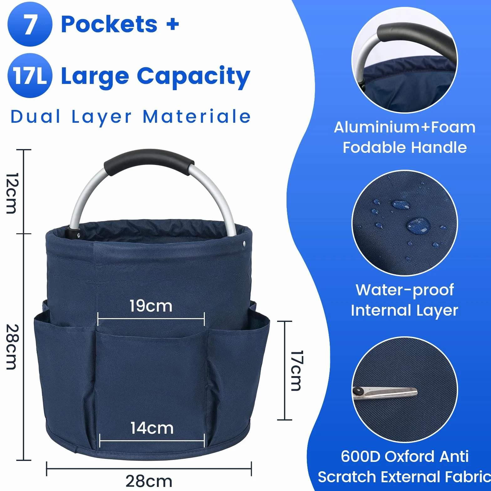 Carello Pulizie con Manico,2 Cestini Porta Atrezzi con 6 Tasche Esterne,Borsa Organizer Pieghevole Sacca Portaoggetti Borsa per Utensili di Pulizia,Contenitore per Pulizia Professionale,Blu