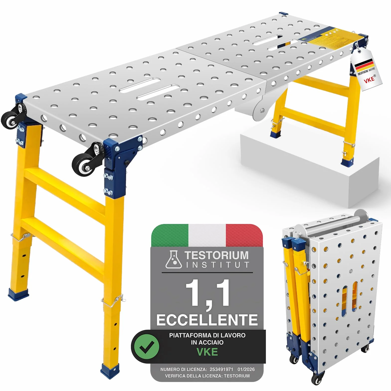 VKE Piattaforma da Lavoro 120 × 36 × 90 CM in Lamiera Zincata, 500 KG Portata, Trabattello Portatile, Piedini Antiscivolo, Tavolo da Lavoro Pieghevole,con 4 Ruote Universali