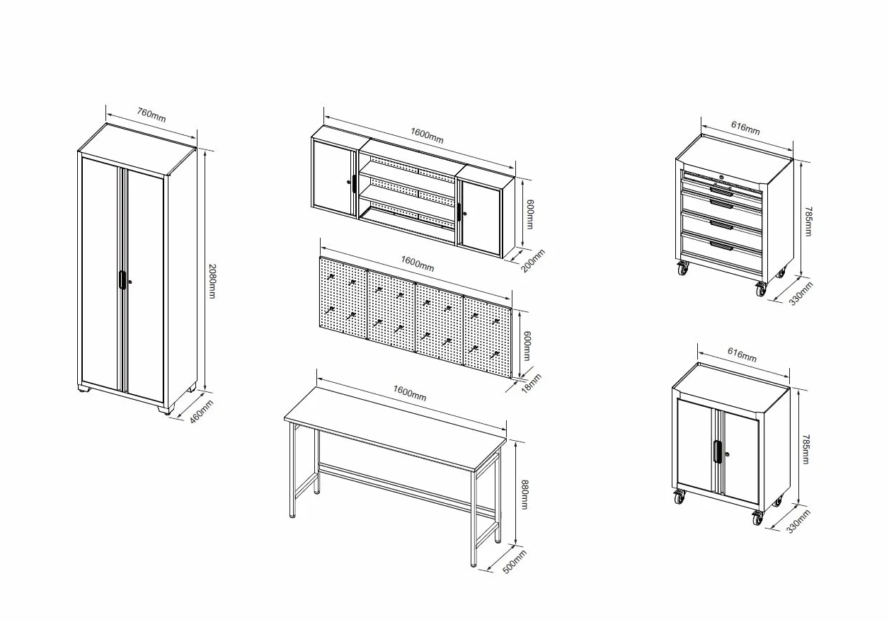 Set di postazione da lavoro Boxer® - Attrezzatura per officina - incluso banco da lavoro, armadio alto, armadio superiore, carrelli e pareti per utensili - piedini regolabili in altezza - per garage e