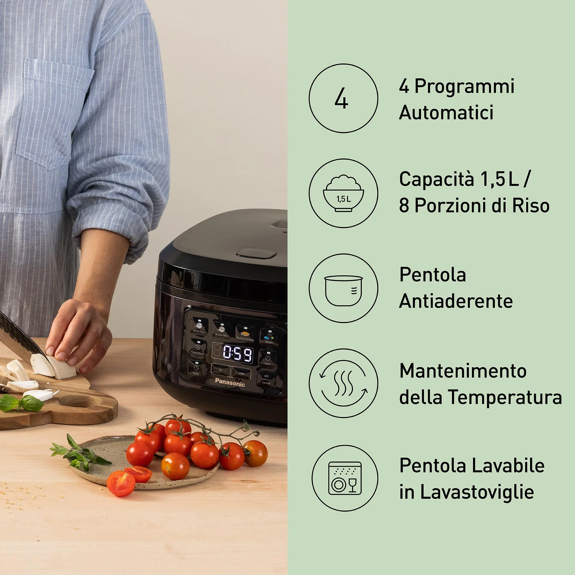 Panasonic Cuociriso Automatica con Vapore Fuzzy Logic, 1,5 litri, Nero