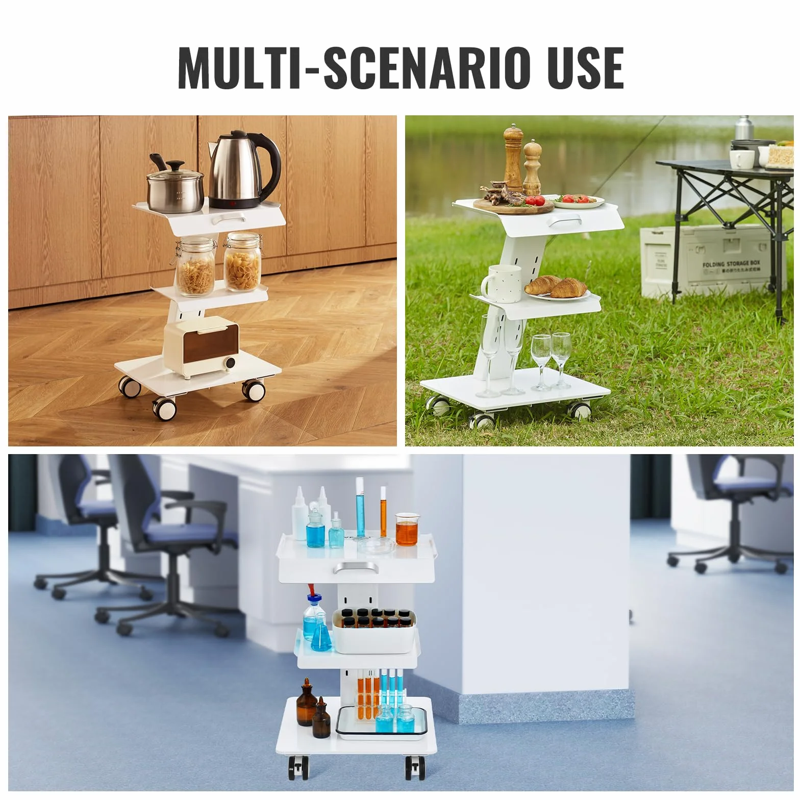 VEVOR Carrello da laboratorio, Carrello mobile in metallo con ruote girevoli, Carrello da clinica con vassoio con capacità di peso di 220 libbre, per laboratorio, clinica, bellezza e salone