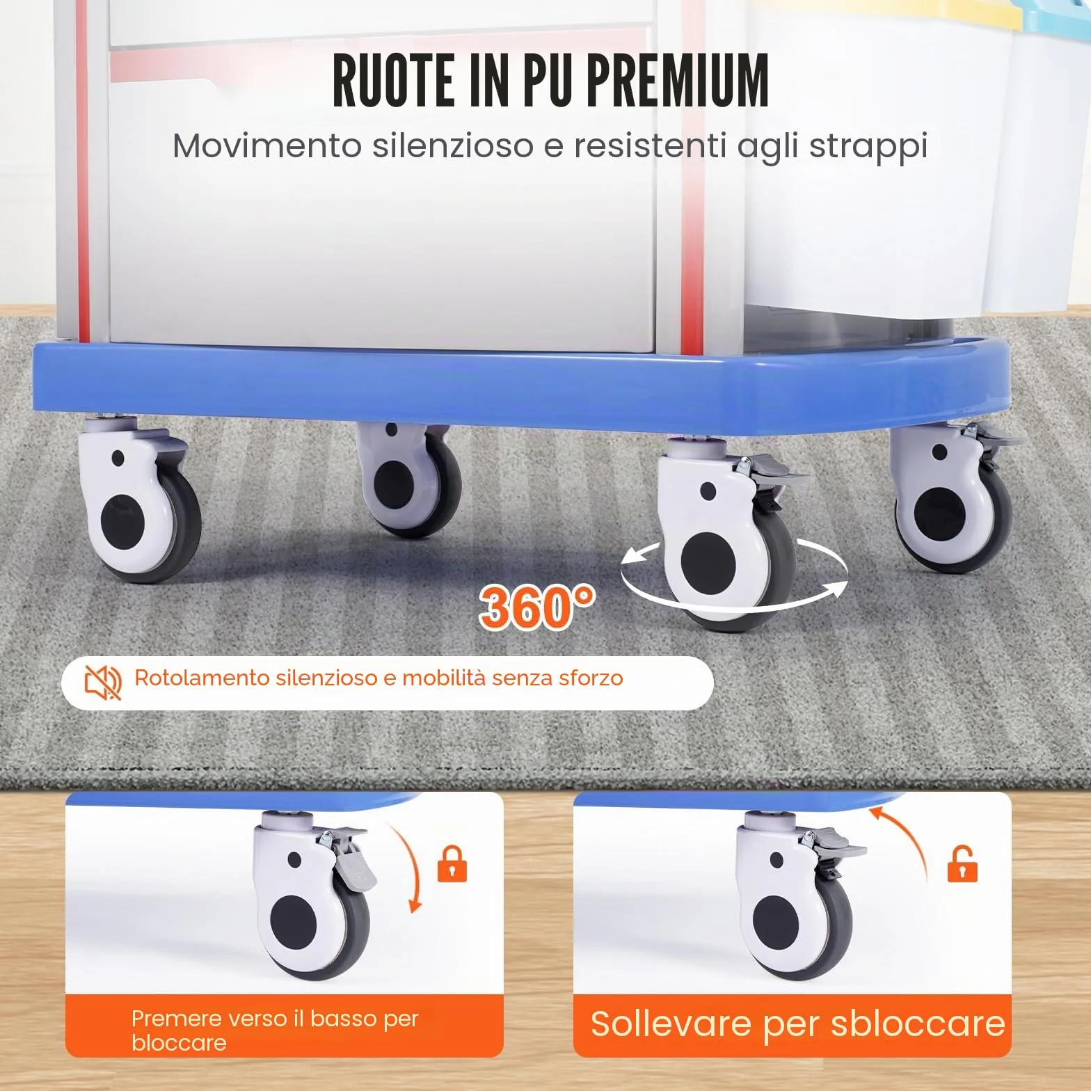 VEVOR Carrello da Laboratorio 5 Ripiani con Cassetti e Ruote Silenziose, PP, Blu