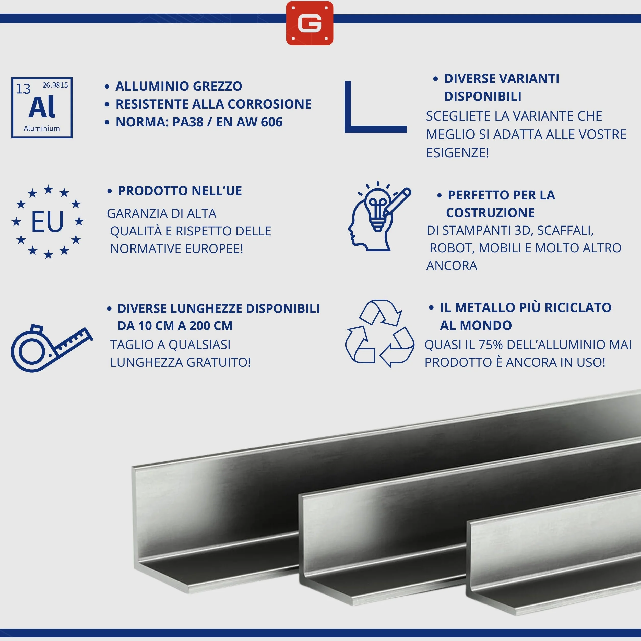 Gal Industrial Profilo Angolare in Alluminio 60x20x2 mm | Lunghezza 150 cm | Profili ad Angolo a L Angolari in Alluminio