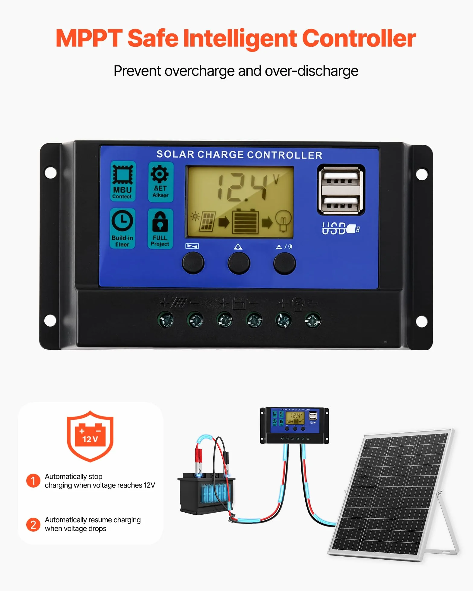 VEVOR Caricabatteria Solare 25 W 12 V, Pannello Solare Monocristallino Regolatore MPPT da Esterno, Staffa di Montaggio Regolabile, Impermeabile IP67, Kit Caricabatteria Solare per Auto Barche Camper