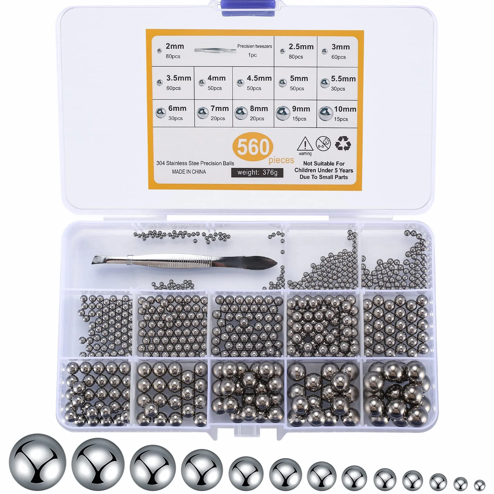 560 Pezzi Sfere Cuscinetti in Acciaio Inossidabile, Sfere Metalliche di Precisione per Cuscinetti, Ruota di Bicicletta - 2/2.5/3/3.5/4/4.5/5/5.5/6/7/8/9/10 mm