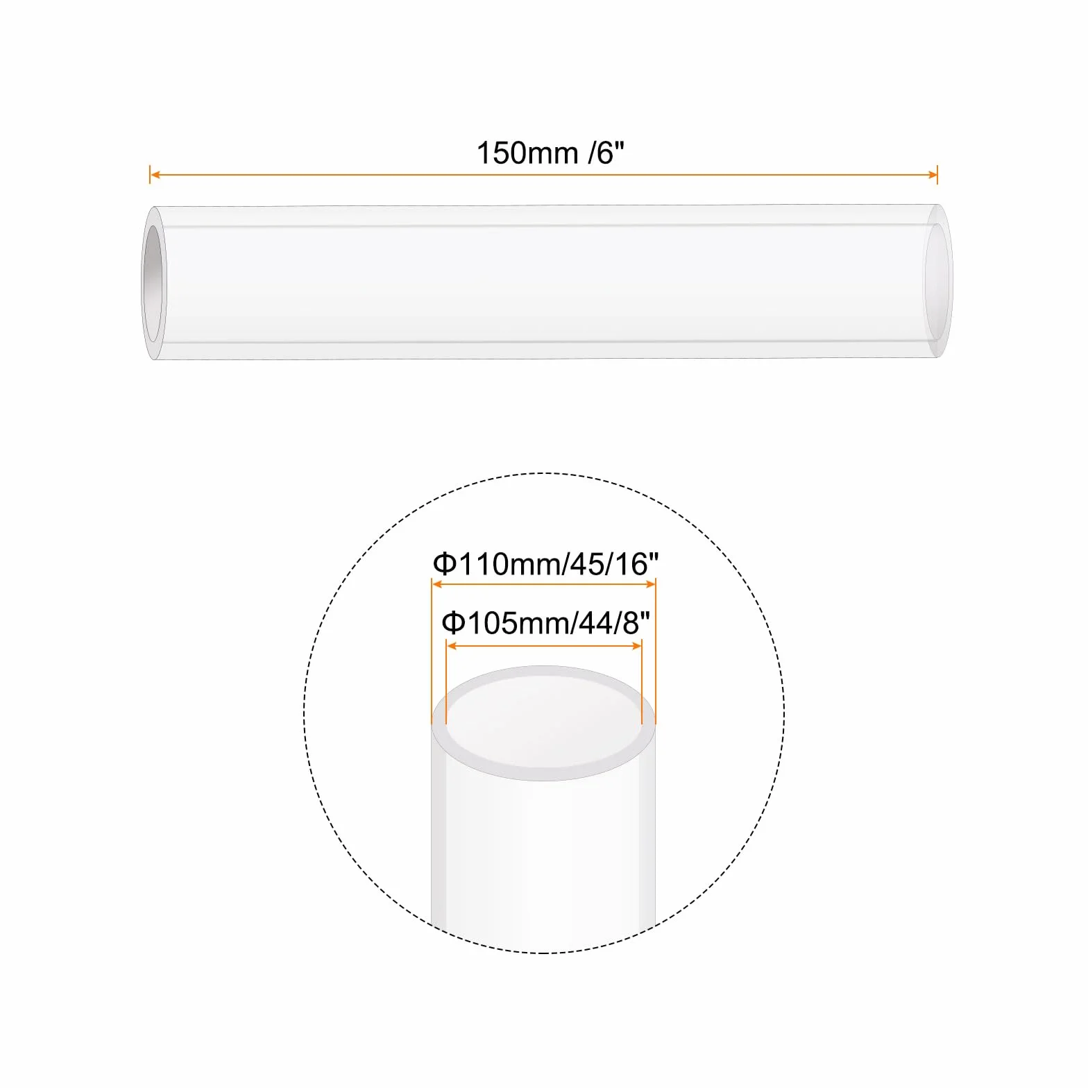 Tubo Rigido in Plastica Trasparente 105mm x 110mm Acrilico Policarbonato per Idraulica 2 Pezzi