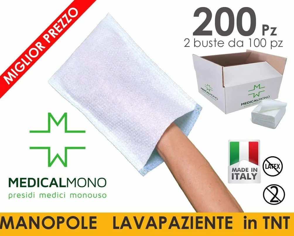 MEDICALMONO SRL 200 Manopole TNT lavapaziente in cellulosa a Due Strati per l'igiene della Persona - cm 16x22 cm (200)