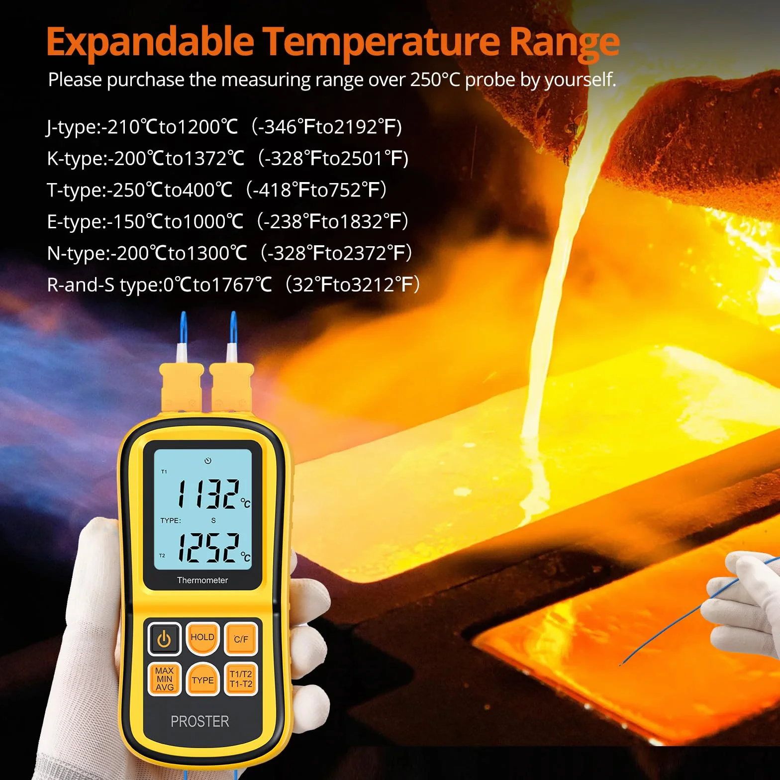 Proster Termometro Digitale a Doppio Canale Tipo K -200~1372°C LCD Retroilluminato con Due Termocoppie