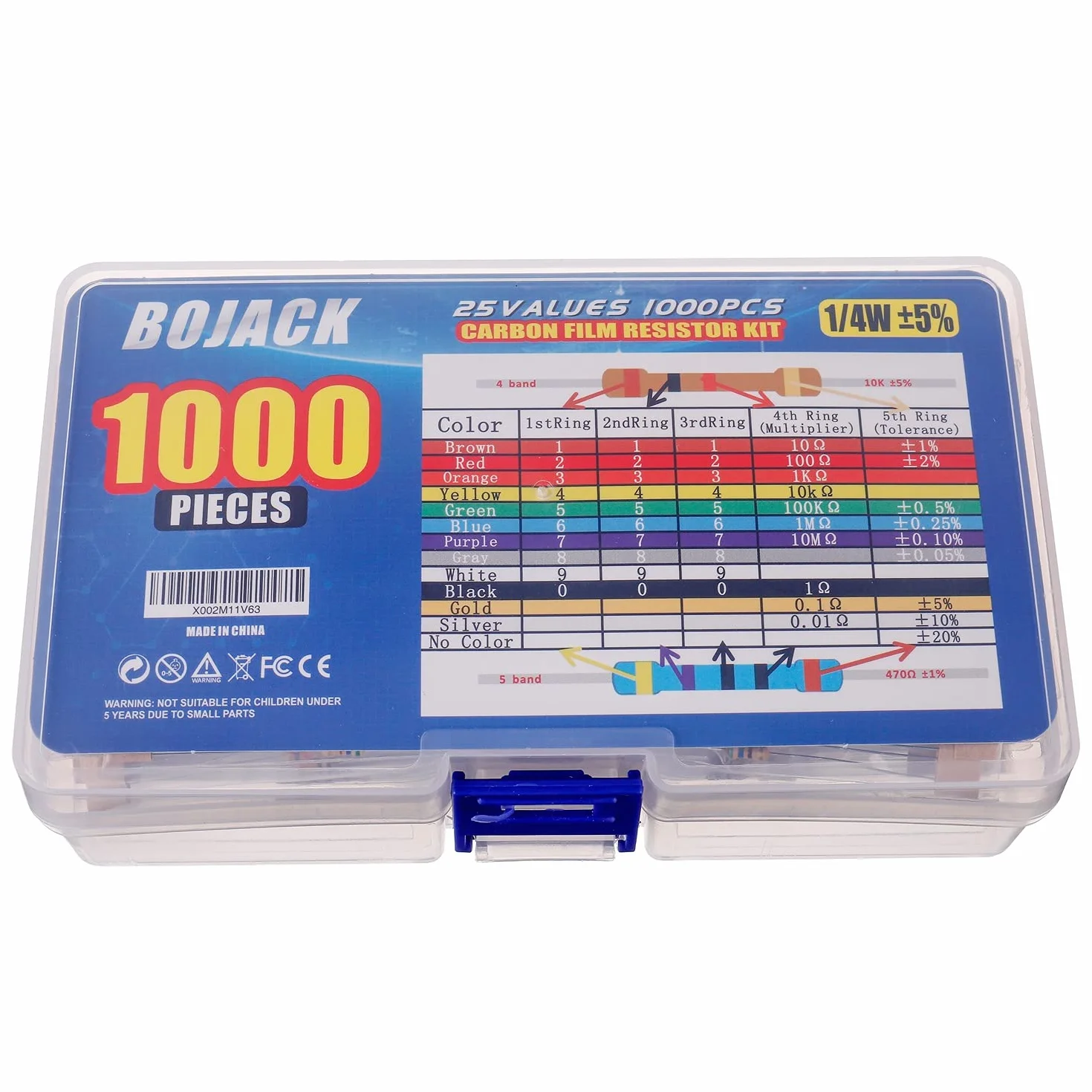 Kit resistori BOJACK 1 Ohm-1 M Ohm 1/4 W pellicola carbonio 1000 pezzi