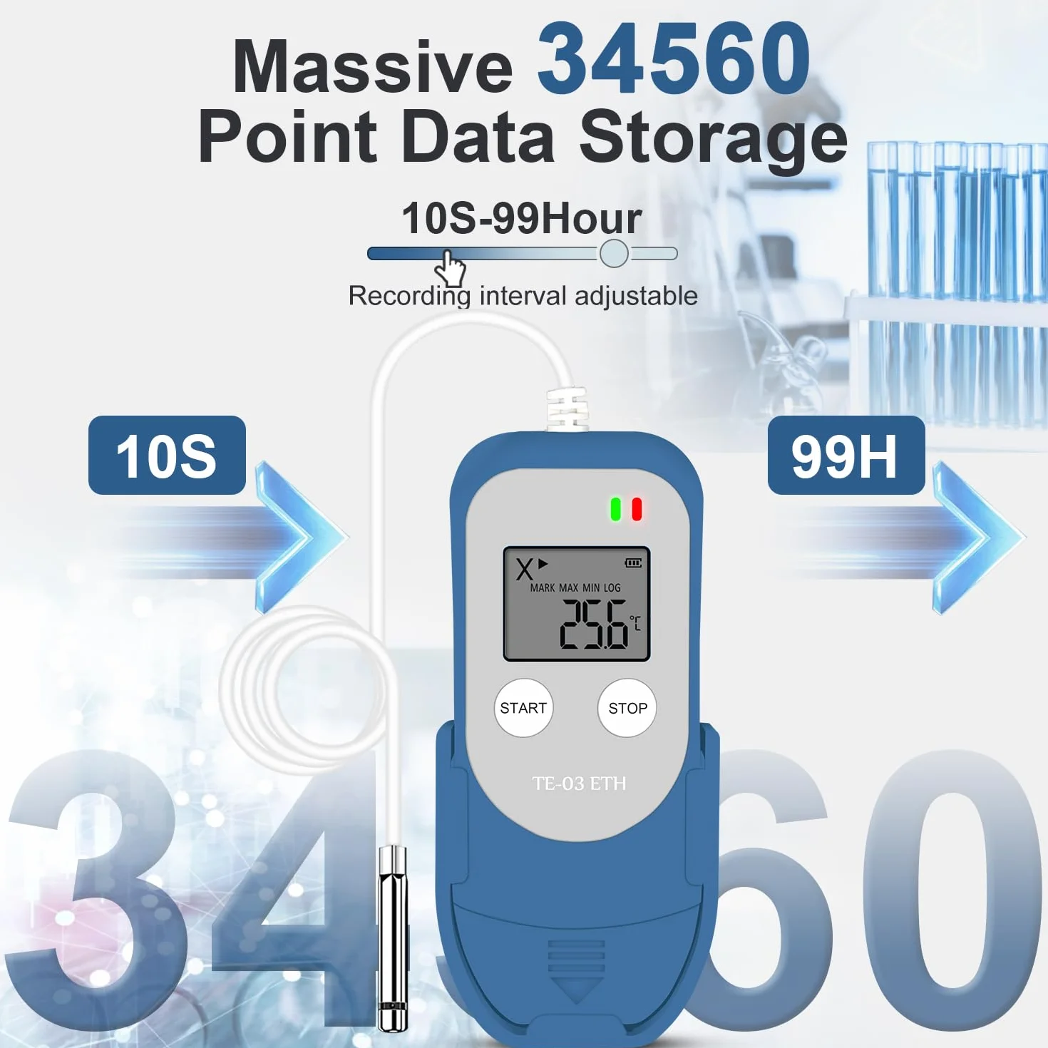 ThermElc TE‑03 ETH Registratore Di Temperatura e Umidità Con Sonda Esterna, 32.000 Punti, PDF CSV