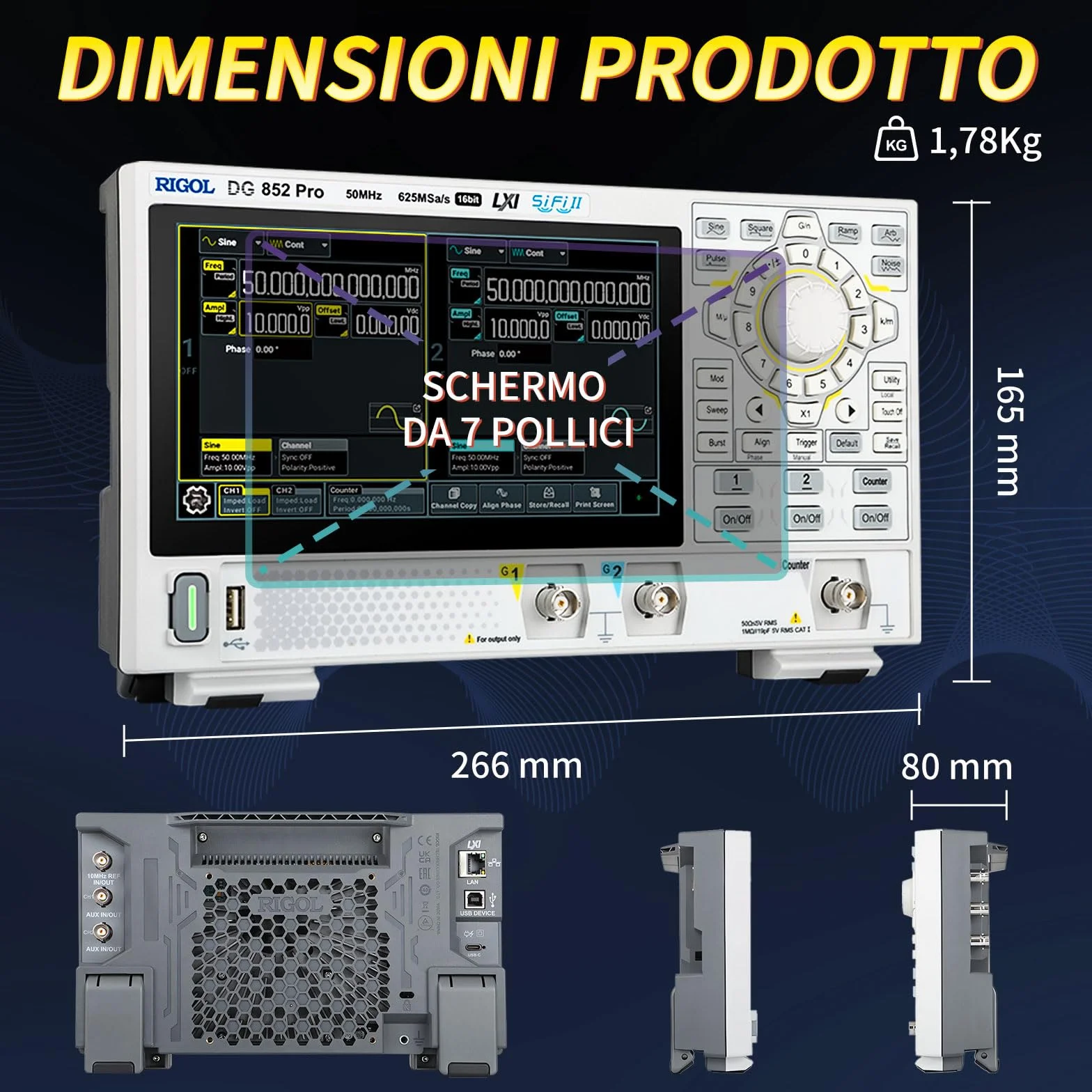 RIGOL Generatore di Segnale,DG852 Pro Generatore di Funzioni,50 MHz,2 Canale,Risoluzione a 16 bit,Schermo touchscreen HD da 7",Ultra-portatile,Perfetto per test sul campo e didattica in laboratorio