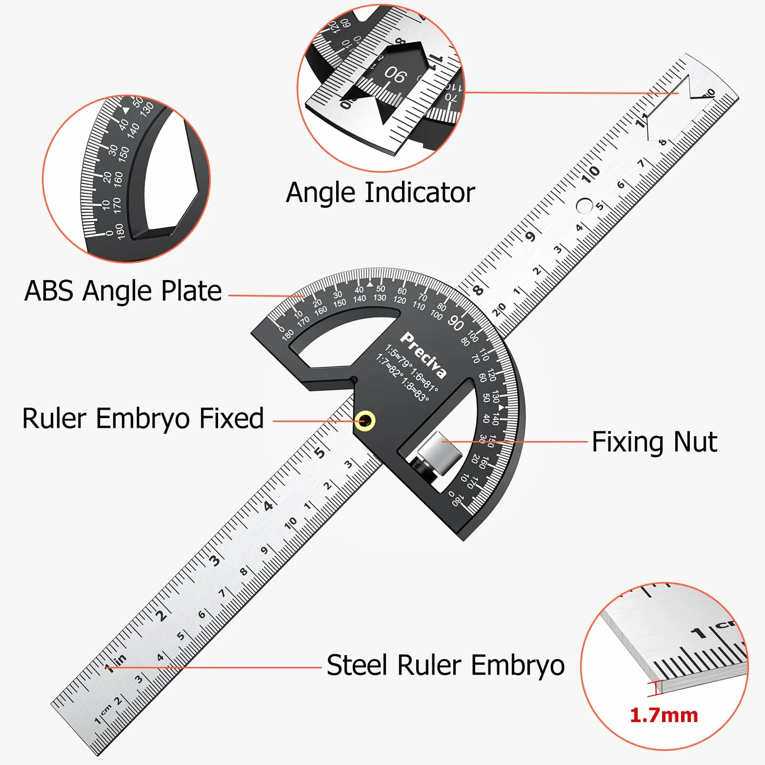 Preciva Goniometro Angolare 0-180° Acciaio Inox Righello 30cm
