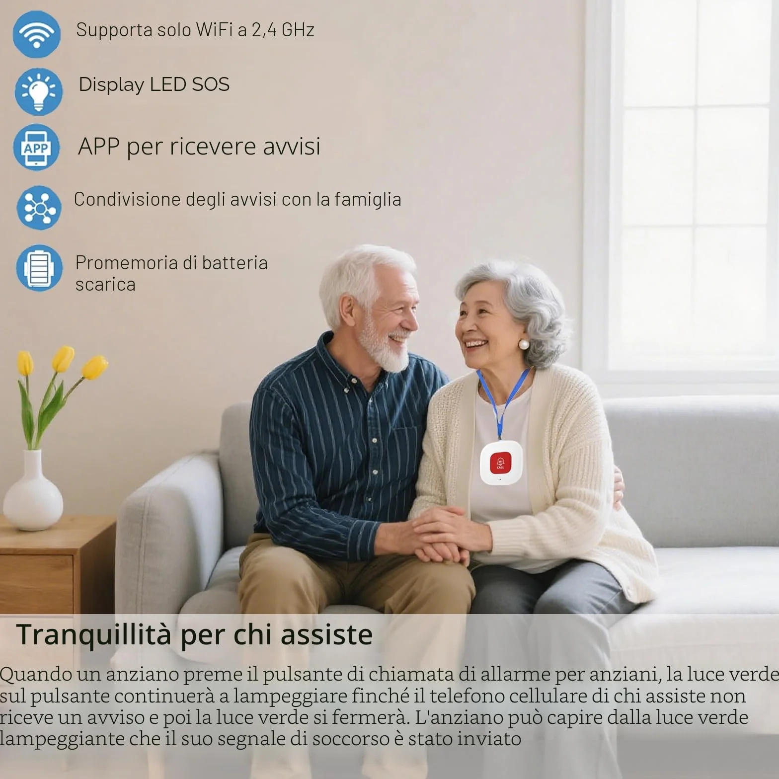 WiFi Pulsante Salvavita Anziani Sistema di Allarme di Emergenza per i Cittadini Anziani Pazienti Disabili Anziani (Supporto solo 2.4GHz Wi-Fi) (WiFi Pulsante (Non è necessario alcun ricevitore))