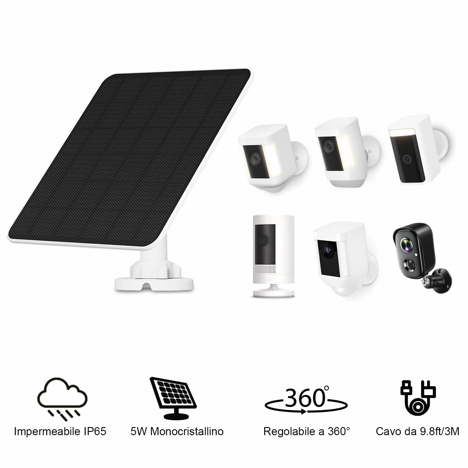 Pannello Solare per Telecamera Ring, 5W Solare per Stick Up Cam/Pro Batteria, Spotlight Cam/Plus/Pro, Wyze Batteria Cam Pro, Caricatore Solare per Telecamera Esterna con Cavo da 9,8 Piedi
