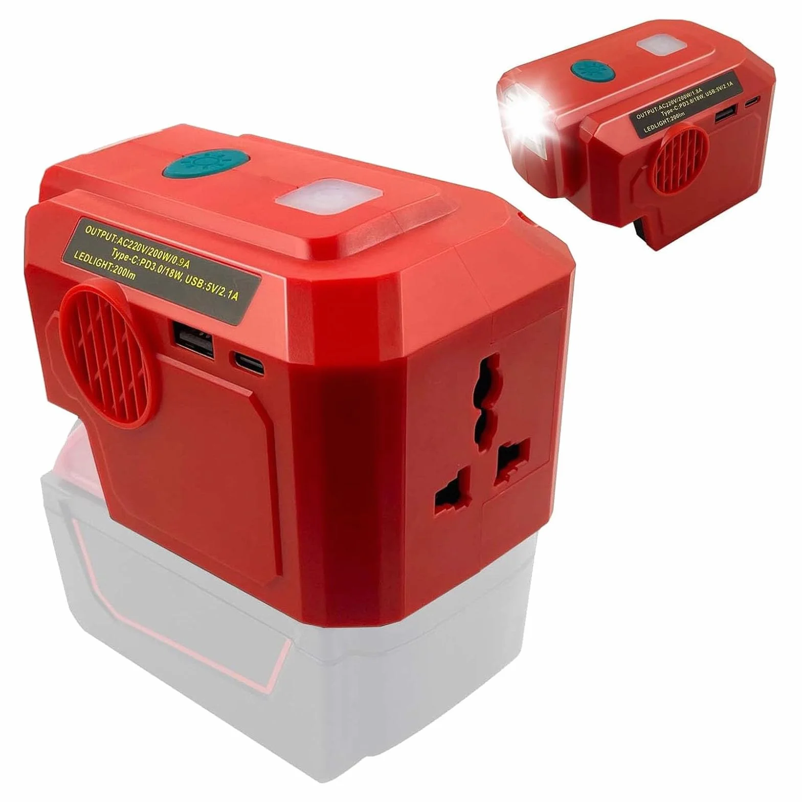 Convertitore per Einhell 18V Batterie, 200W 18V CC a 220 V CA, Adattatore Convertitore per Batterie a Onda Sinusoidale Pura con Lampada LED USB-C 200LM e Prese 230V Inverter per Campeggio