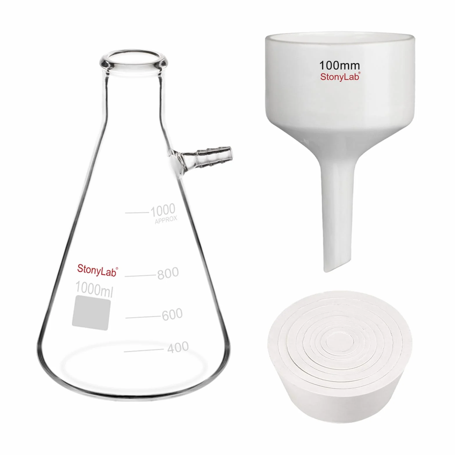 stonylab Set Imbuti Büchner in Porcellana e Fiasca da Filtrazione, Imbuto 100 mm in Porcellana, Fiasca in Vetro 1L, Adattatori per Filtrazione e Separazione in Laboratorio