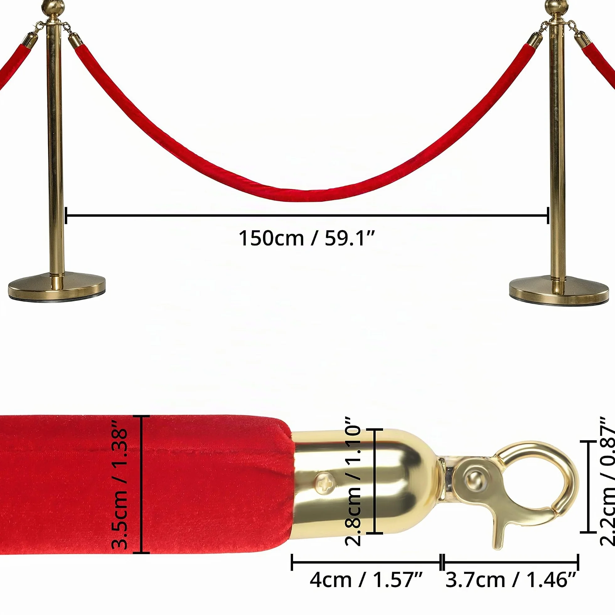 Belle Vous 2pz Corda Corrimano per Paletti Delimitazione In Velluto Rosso- L150 x P3,5 cm - Cordone Intrecciato con Moschettoni Dorati Lucidi Testa a Sfera per Transenna Eliminacode Paletti Divisori