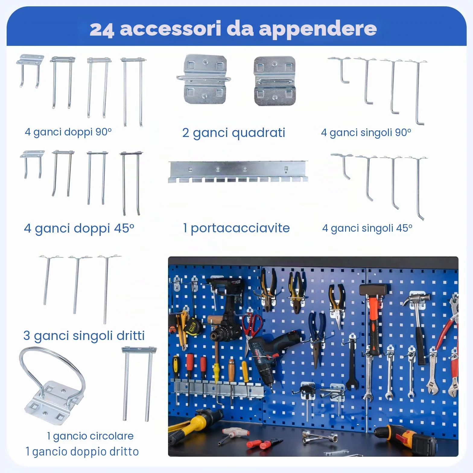 SOARS Banco da Lavoro, Organizer per Attrezzi in Metallo con 3 Pannelli Perforati con Kit di 24 Ganci, 2 Cassetti e 2 Ripiani, Banchi da Lavoro per Officina, Garage (Blu, 121 X 61 X 156 CM)