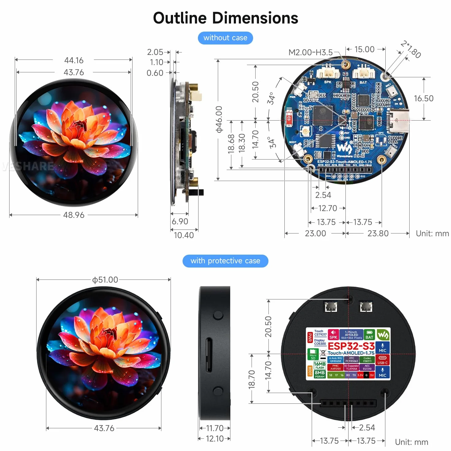 Waveshare ESP32-S3 1.75inch AMOLED Round Touch Display Development Board(without Case & GPS), 32-Bit LX7 2-Core Processor, 466x466, QSPI Interface, Dual Digital Microphones Array, ESP32 With Display