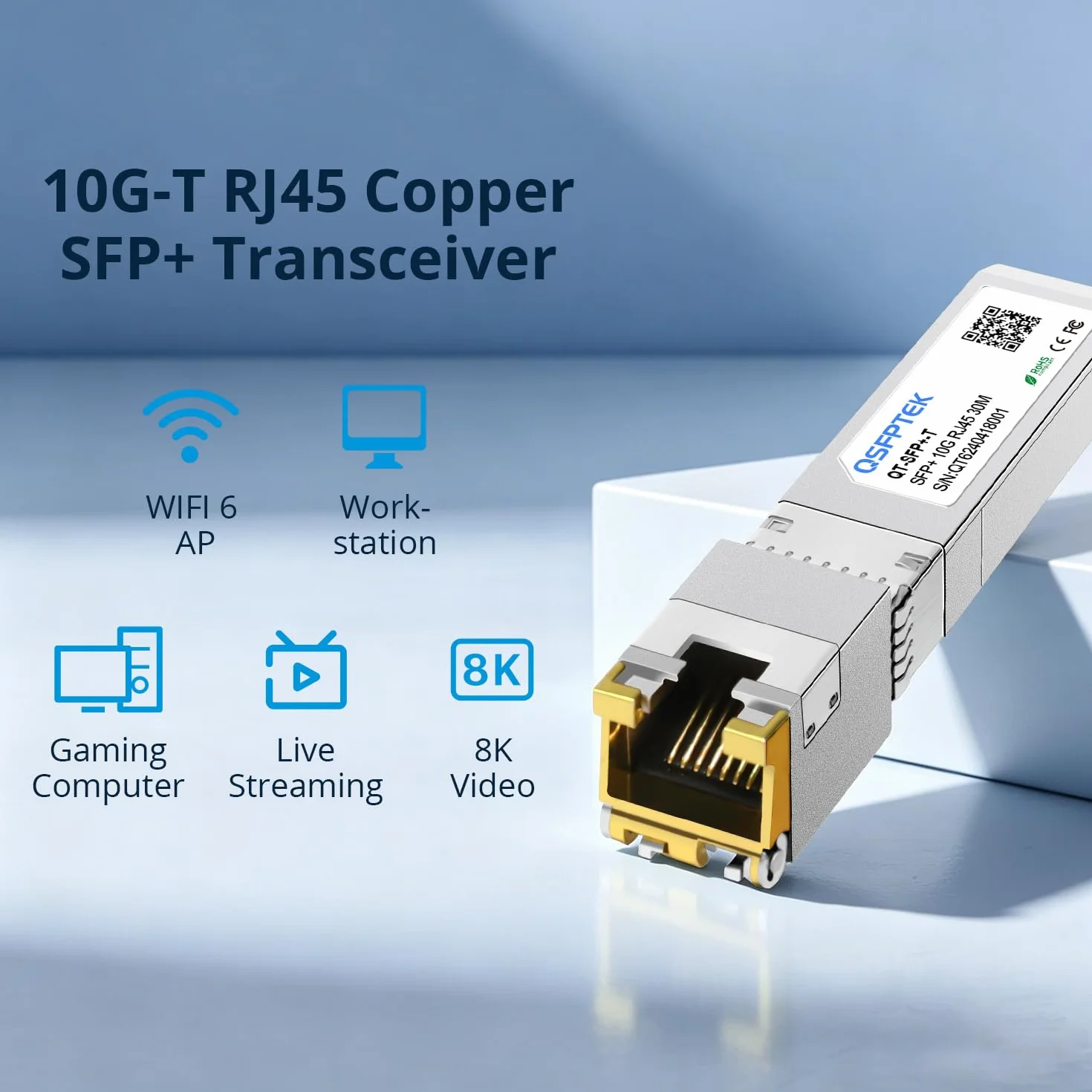 QSFPTEK 2Pack 10GBase-T RJ45 SFP+ Transceiver 30m 1.25/2.5/5/10G-T Modulo per Cisco SFP-10G-T-S, Ubiquiti UF-RJ45-10G, Mikrotik, Supermicro