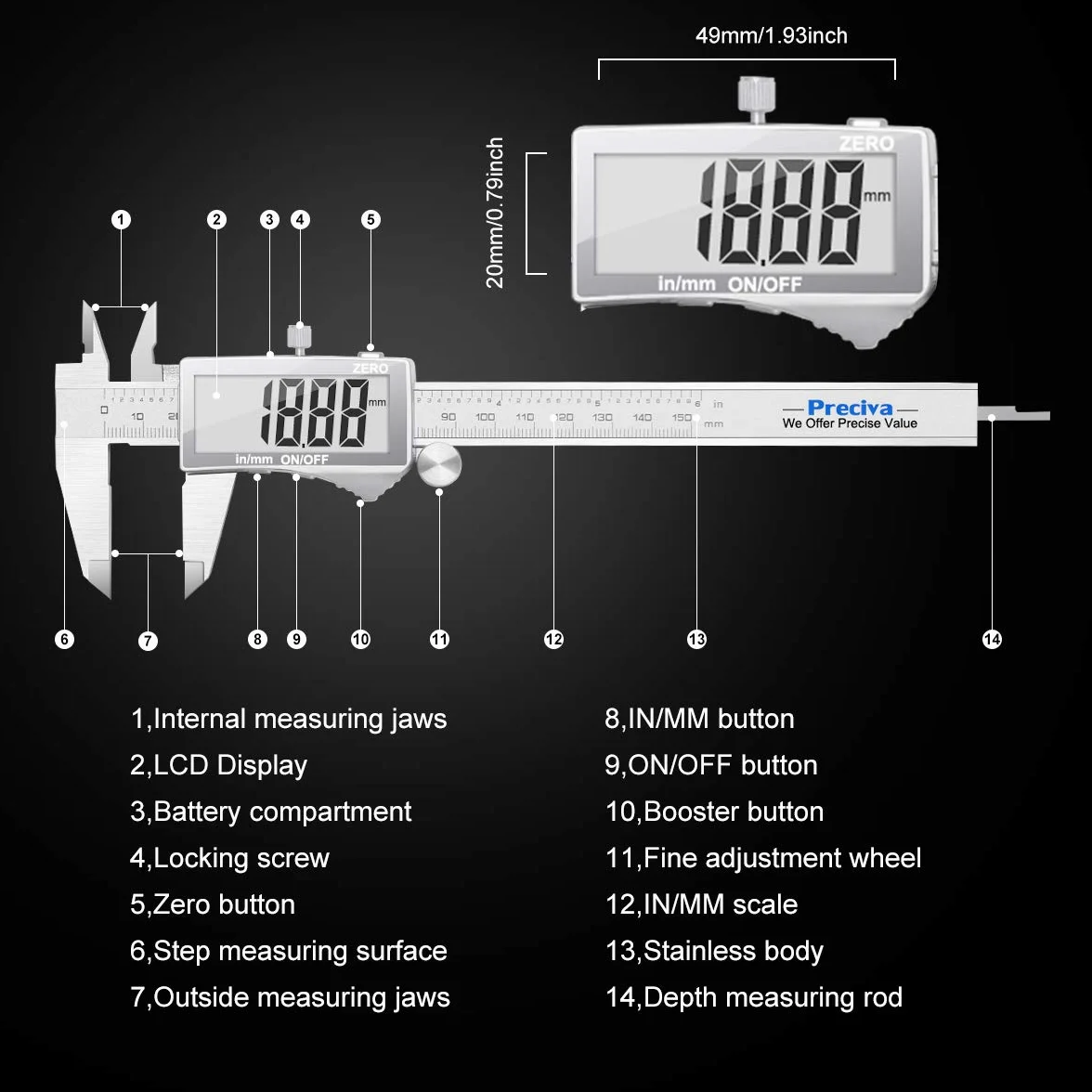 Preciva Calibro Digitale 150 mm 6 Pollice Elettronico Acciaio Inossidabile Resistente Agli Schizzi LCD Schermo Grande