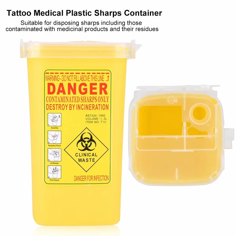 Nikou Contenitore per Rifiuti Taglienti 1 Litro, Sharps Container Smaltimento Plastica per Tatuaggi Giallo