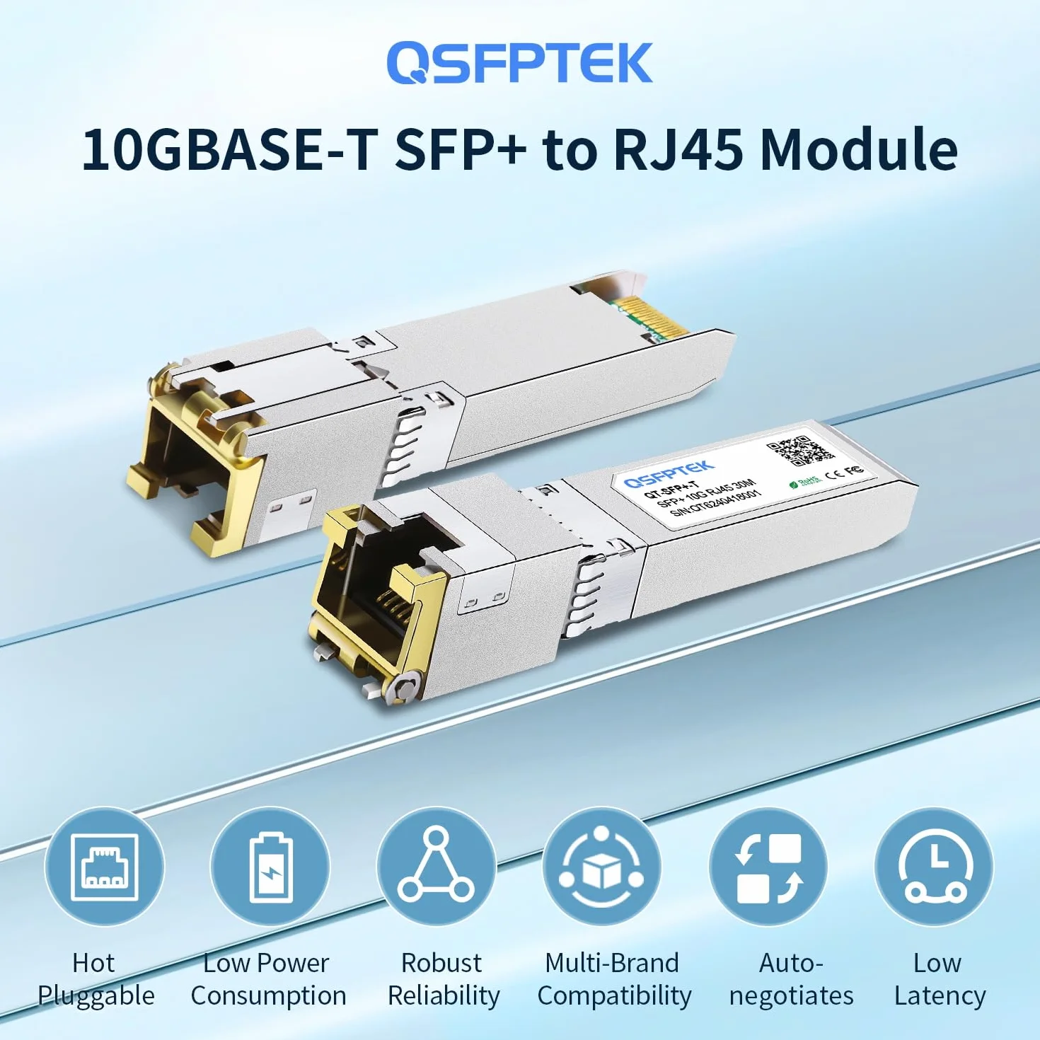 QSFPTEK 2Pack 10GBase-T RJ45 SFP+ Transceiver 30m 1.25/2.5/5/10G-T Modulo per Cisco SFP-10G-T-S, Ubiquiti UF-RJ45-10G, Mikrotik, Supermicro