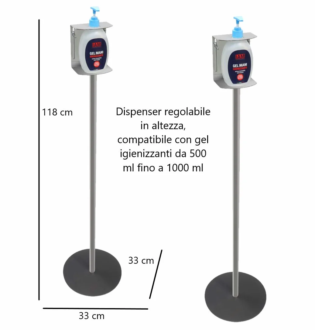 Due Piantane porta dispenser per gel igienizzante mani Acciaio Inox Made in Italy per scuole, uffici e negozi