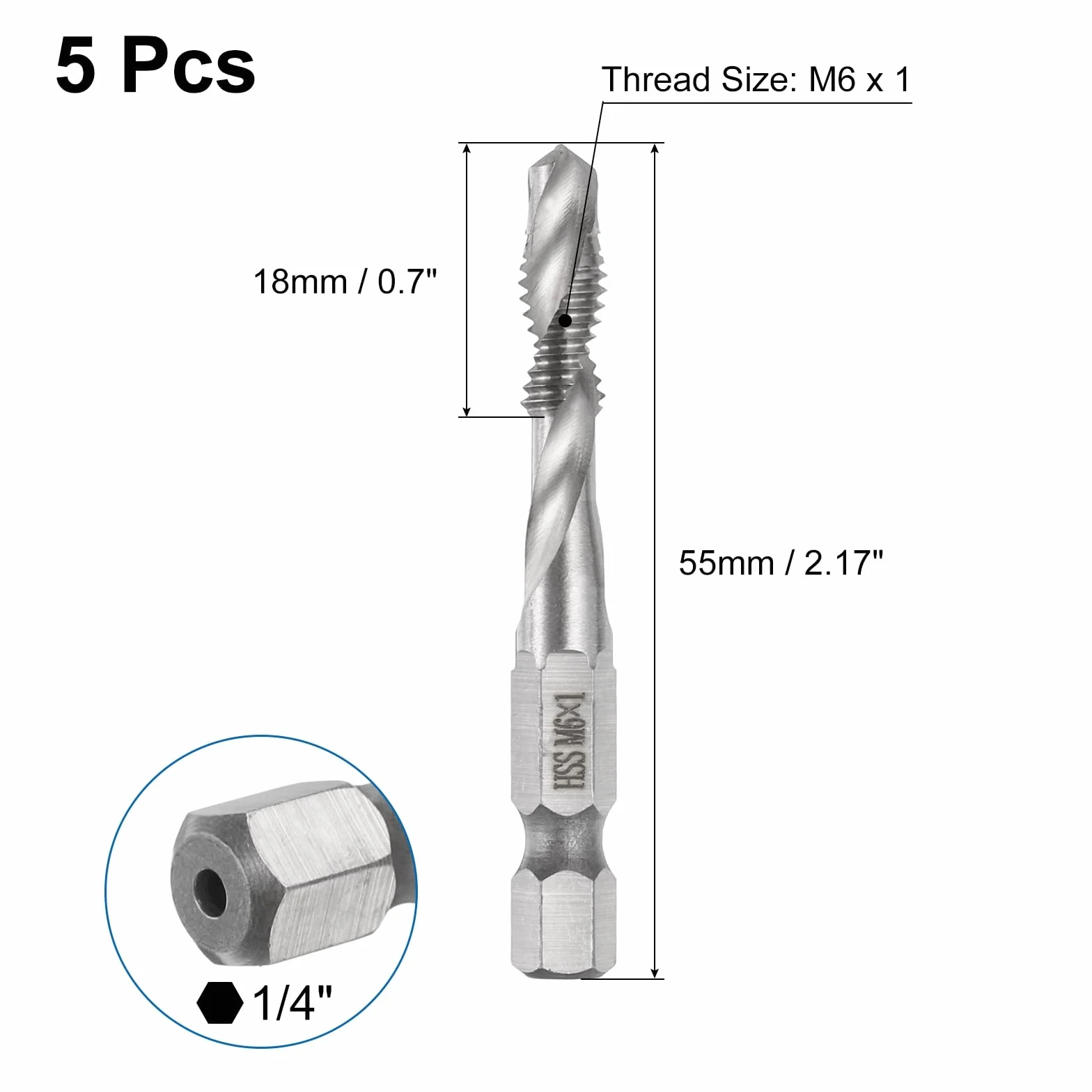 QUARKZMAN 5pz Punte Trapano Maschiatura Combinate M6 x 1 Gambo Esagonale 1/4" Kit Utensili Acciaio Rapido