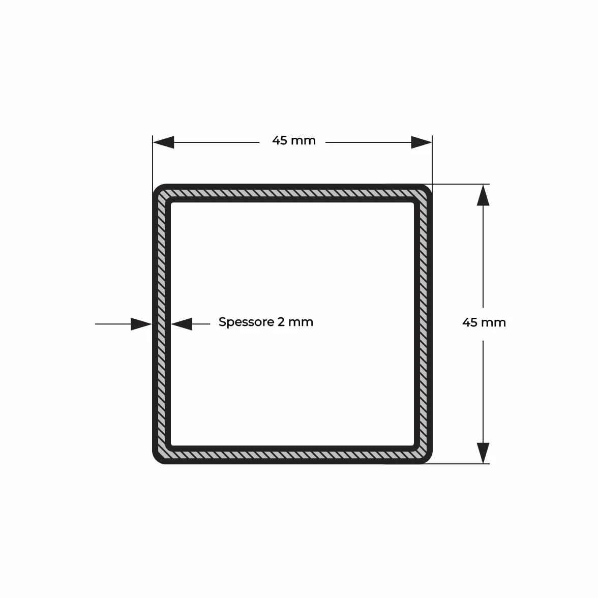 Tubo Quadrato in Ferro Grezzo 45x45x2 mm - Spessore 2 mm - 1 mt / 1000 mm - Made in Italy