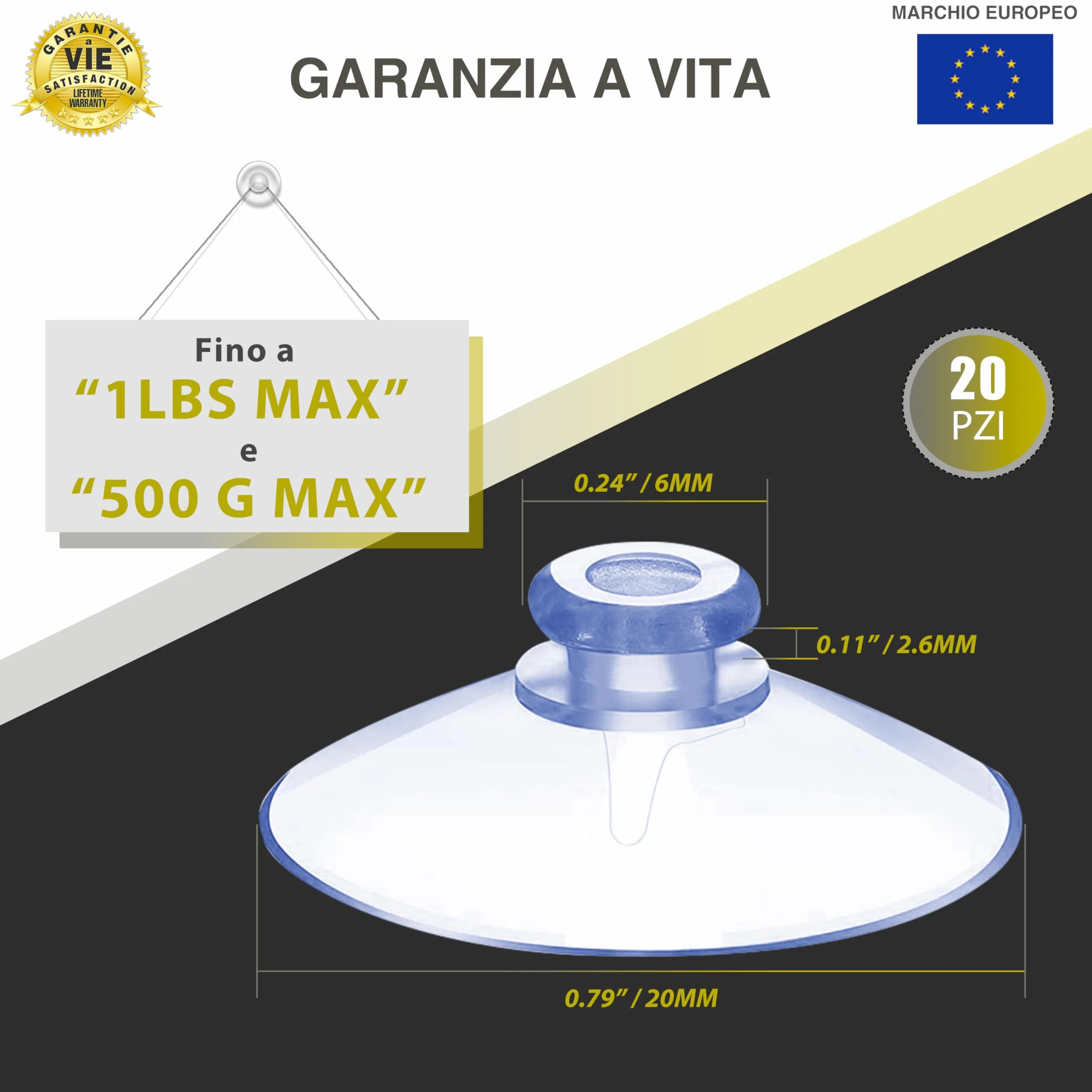 Mini Ventose -✮GARANZIA A VITA✮- 20 PEZZI - Ventose Trasparenti in PVC - Ventosa 20 MM, Riutilizzabile, Senza Gancio, Linguetta a Fungo - Appendini adesivi per Specchi, Vetro, Finestre