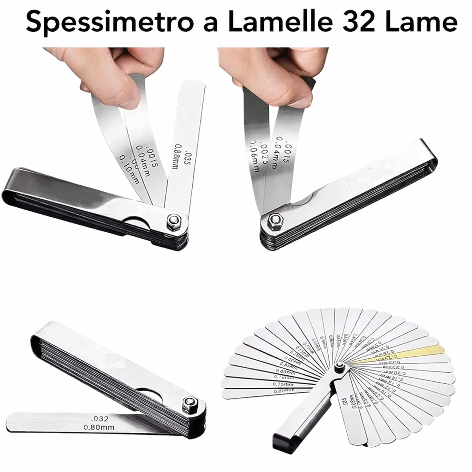 Spessimetro a Lamelle 32 Lame in Acciaio Inossidabile 0,04-0,88 mm Misure Metriche e Imperiali per Valvole Candele Guarnizioni