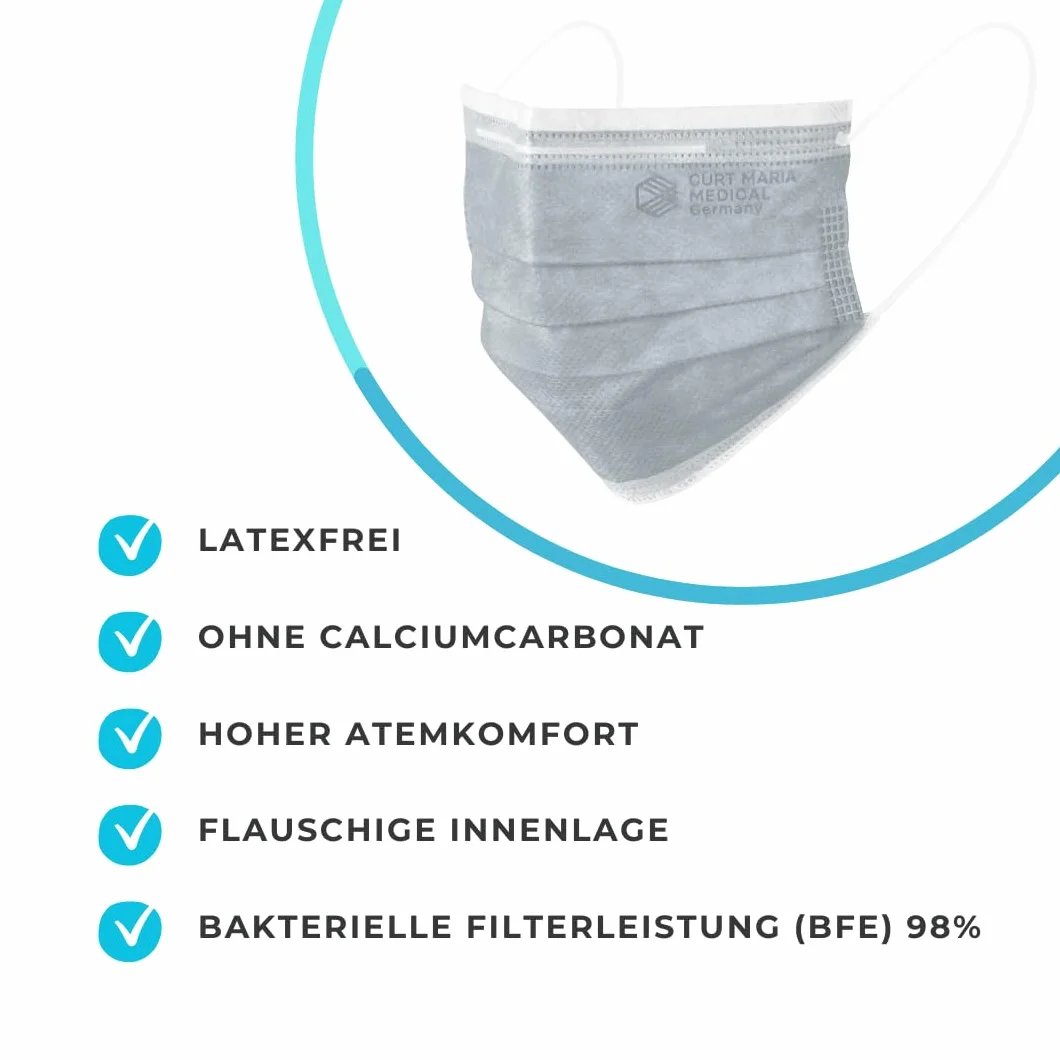 Curt Maria Medical 3-Ply Medical Masks con anelli per l'orecchio, grigio, confezione da 50