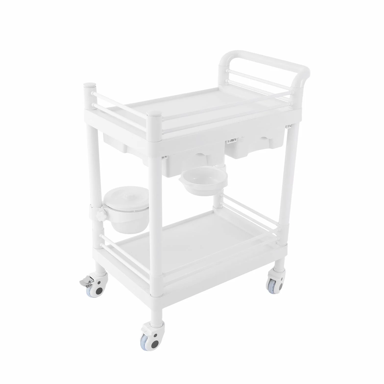 OUKANING Carrello medico con 2 cassetti e ruote dei freni, carrello da laboratorio arrotolabile in ABS, portata 90 kg, 64,5 x 44,5 x 90 cm, bianco multifunzionale per ospedale, studio cosmetico e