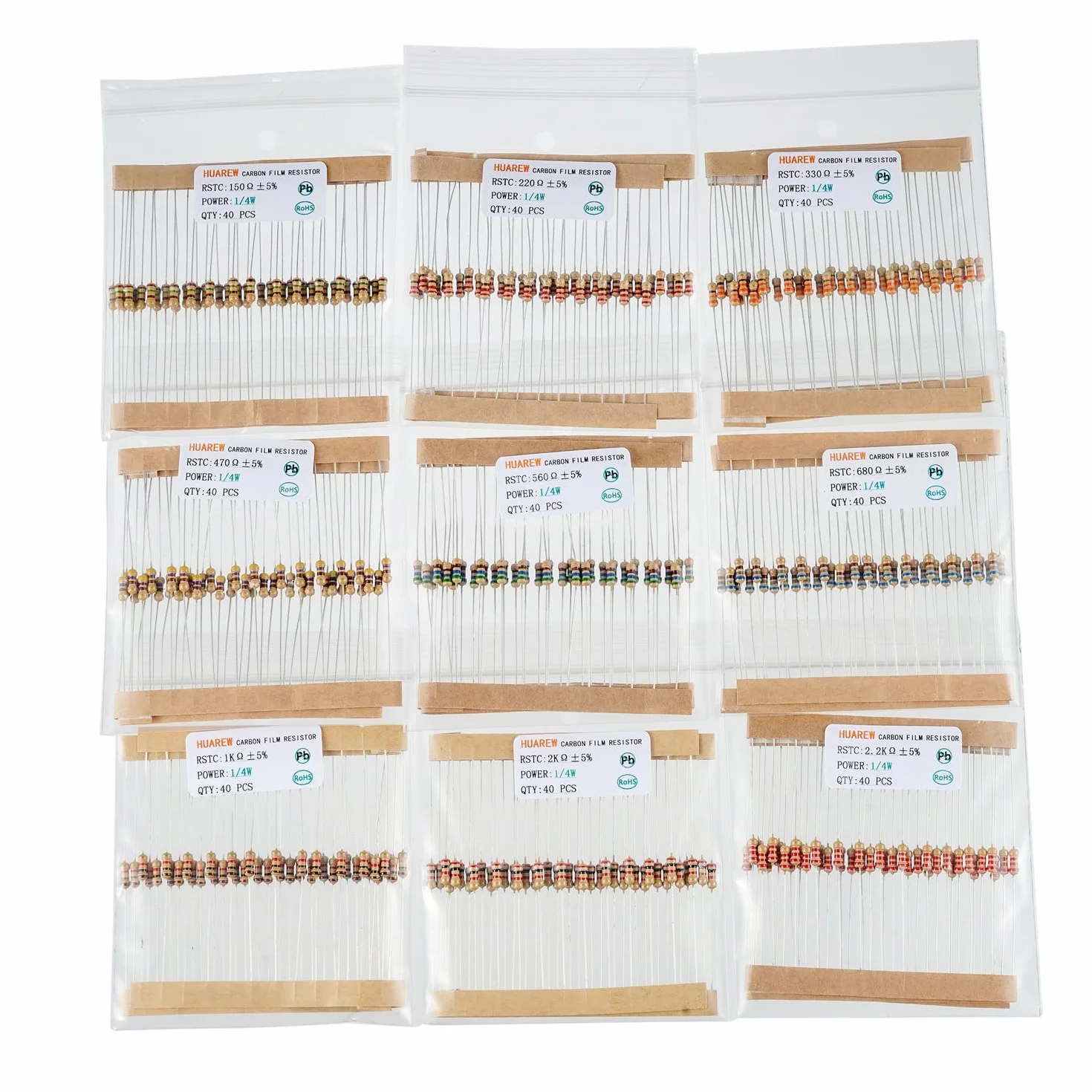 Zestaw 1000 sztuk rezystorów węglowych 1/4W 1 Ohm-1M Ohm 5% 25 wartości