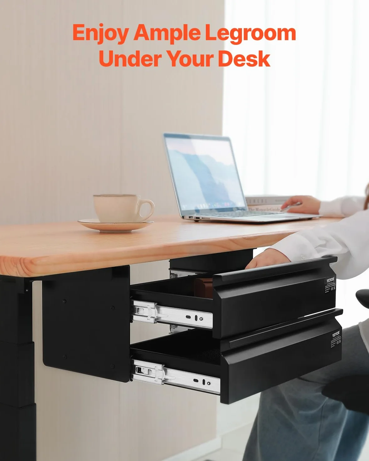 VEVOR Cassetto Estraibile Sotto Scrivania 457 x 227 x 200 mm Organizzatore Nascosto per Riporre Oggetti 2 Strati, Cassetto Portapenne Sotto Tavolo, per Postazioni di Lavoro Domestiche Sit Stand, Nero
